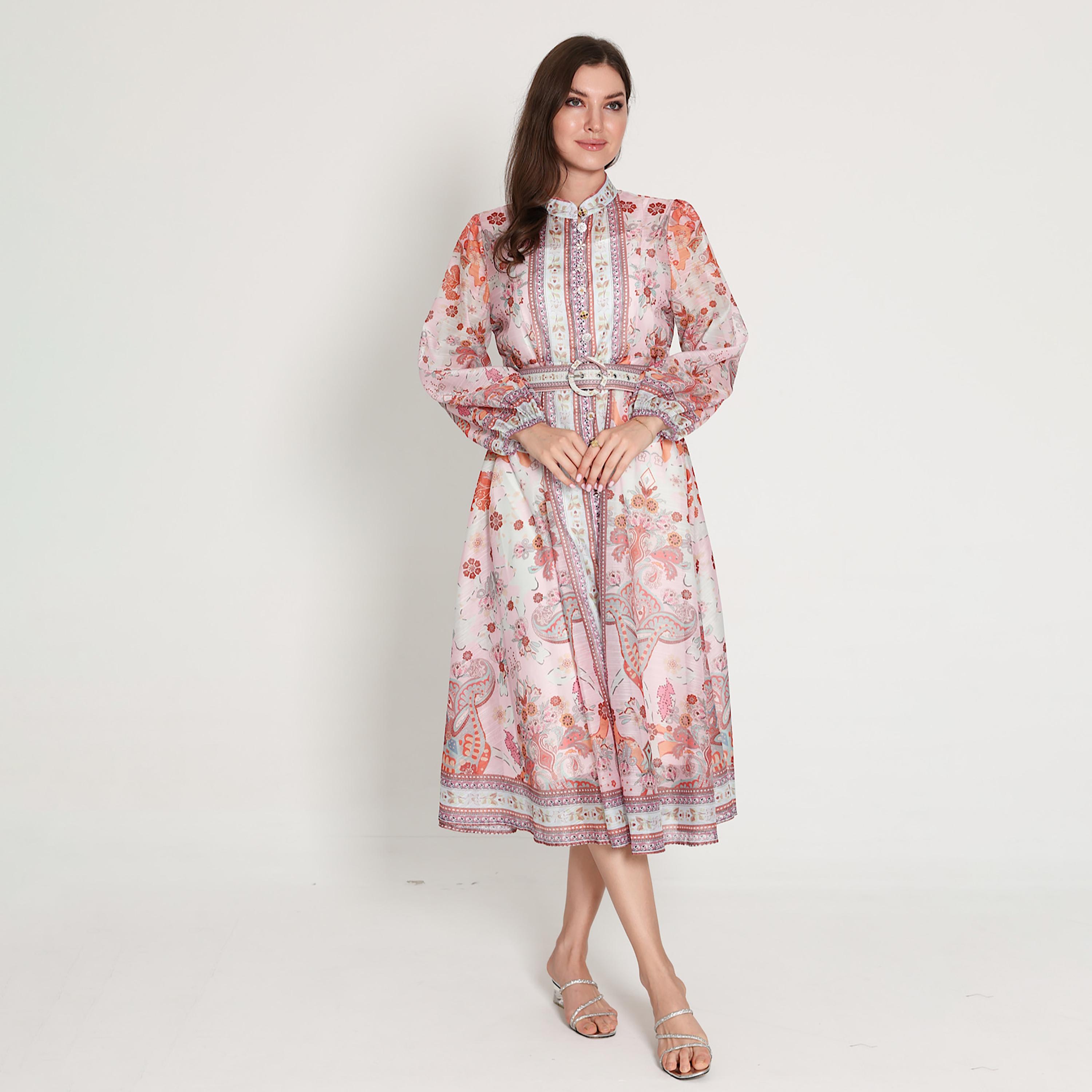IKKXA Multicolor Floral Print Mandarin Collar Balloon Sleeves Women's Midi Dress-women-clothing-dresses-image-1