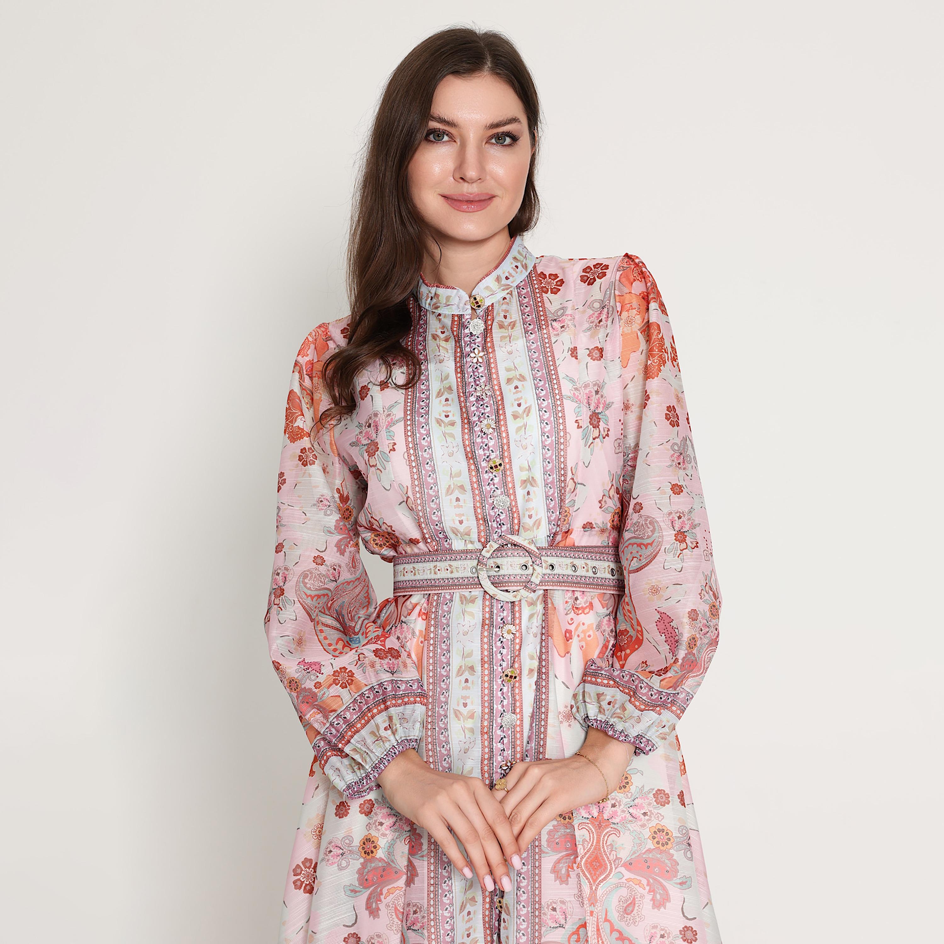 IKKXA Multicolor Floral Print Mandarin Collar Balloon Sleeves Women's Midi Dress-women-clothing-dresses-image-2