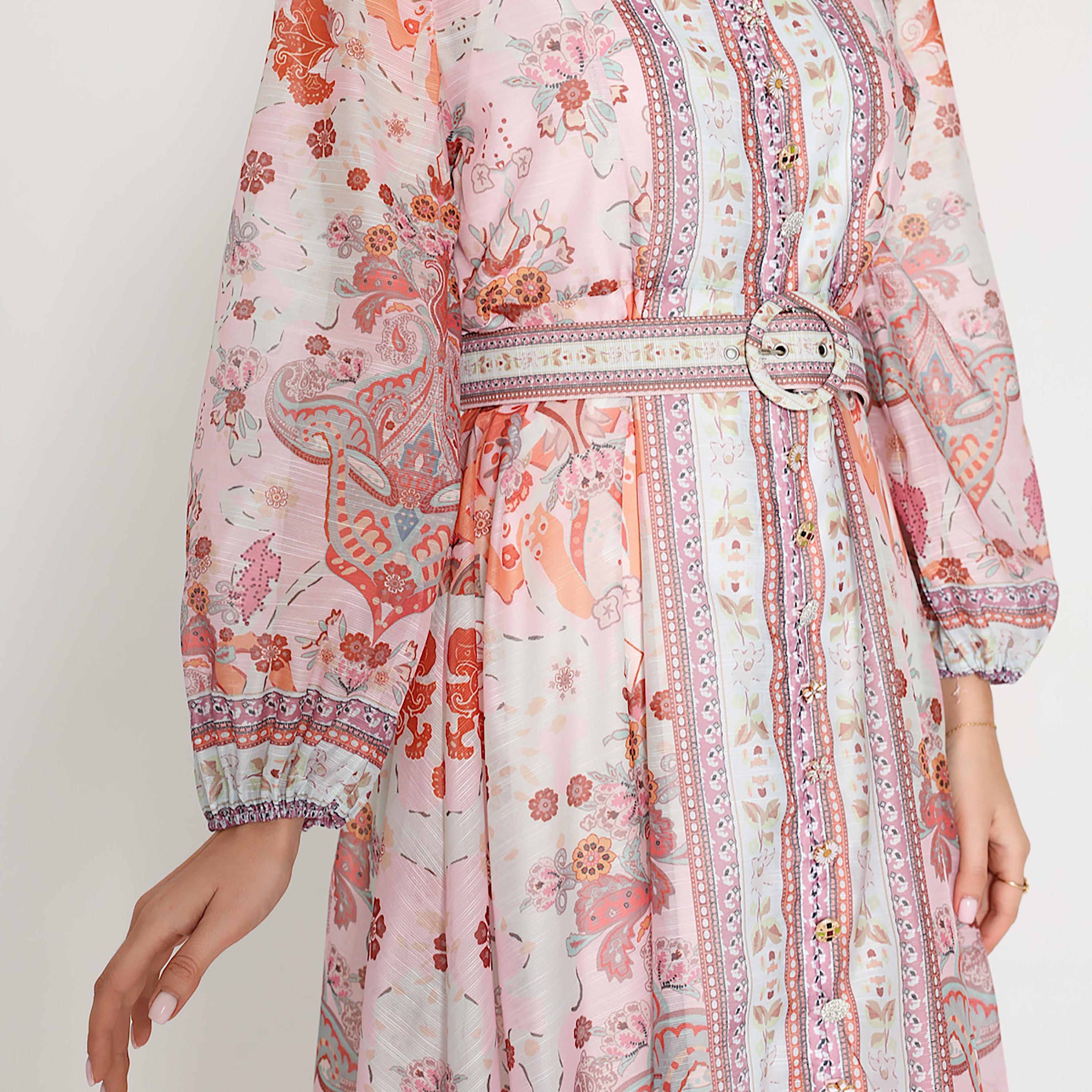IKKXA Multicolor Floral Print Mandarin Collar Balloon Sleeves Women's Midi Dress-women-clothing-dresses-image-3