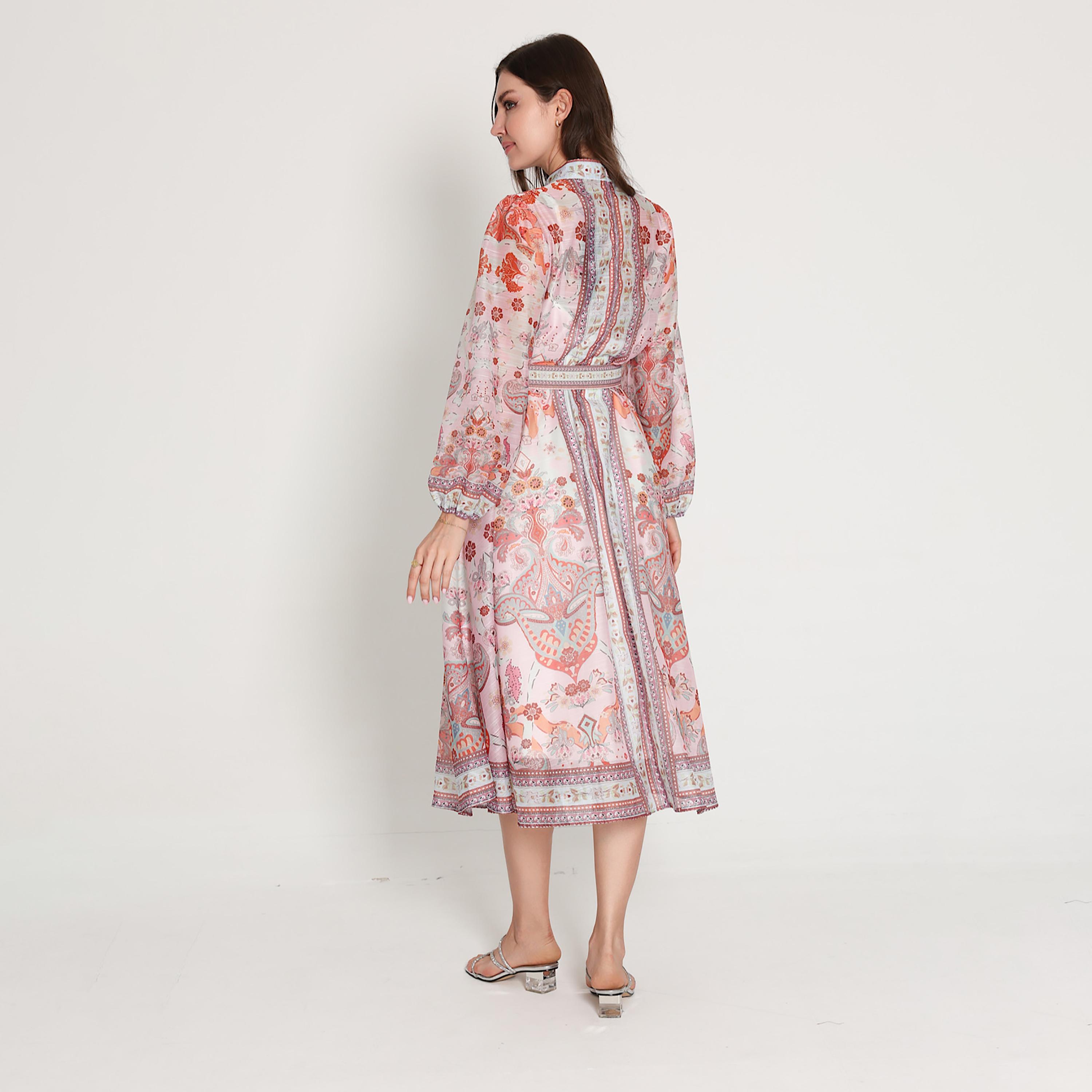 IKKXA Multicolor Floral Print Mandarin Collar Balloon Sleeves Women's Midi Dress-women-clothing-dresses-image-4