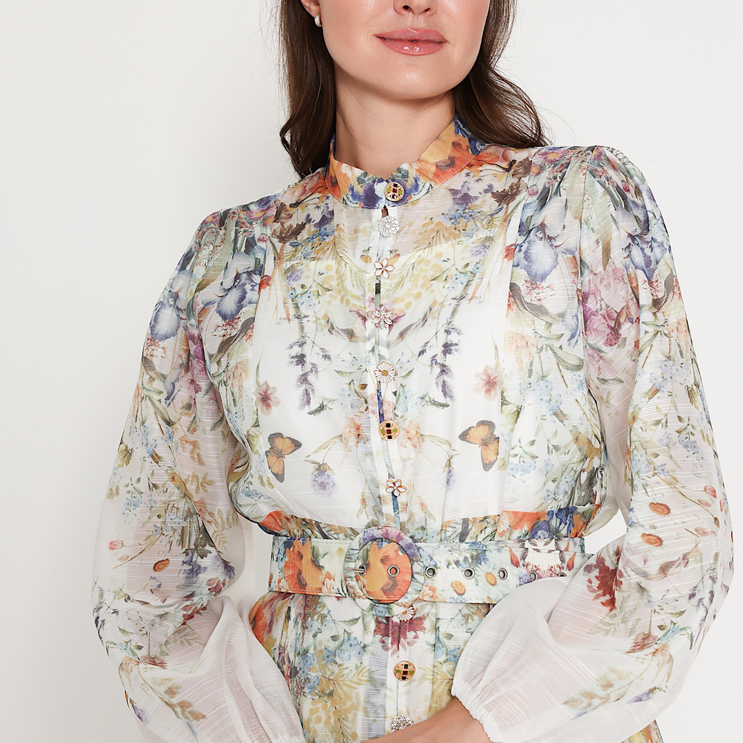 IKKXA White Floral Print Mandarin Collar Balloon Sleeves Women's Midi Dress-women-clothing-dresses-image-2