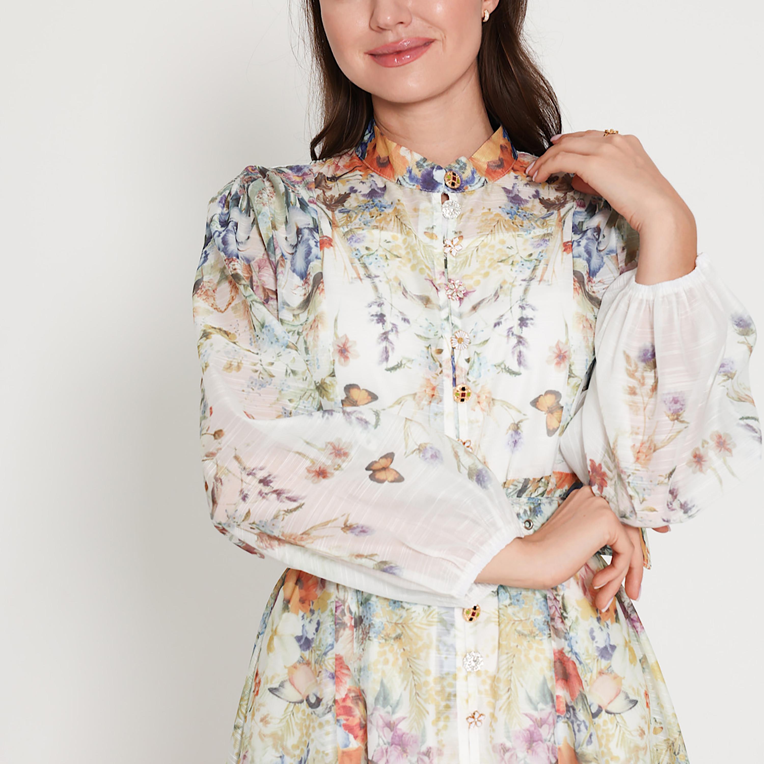 IKKXA White Floral Print Mandarin Collar Balloon Sleeves Women's Midi Dress-women-clothing-dresses-image-3