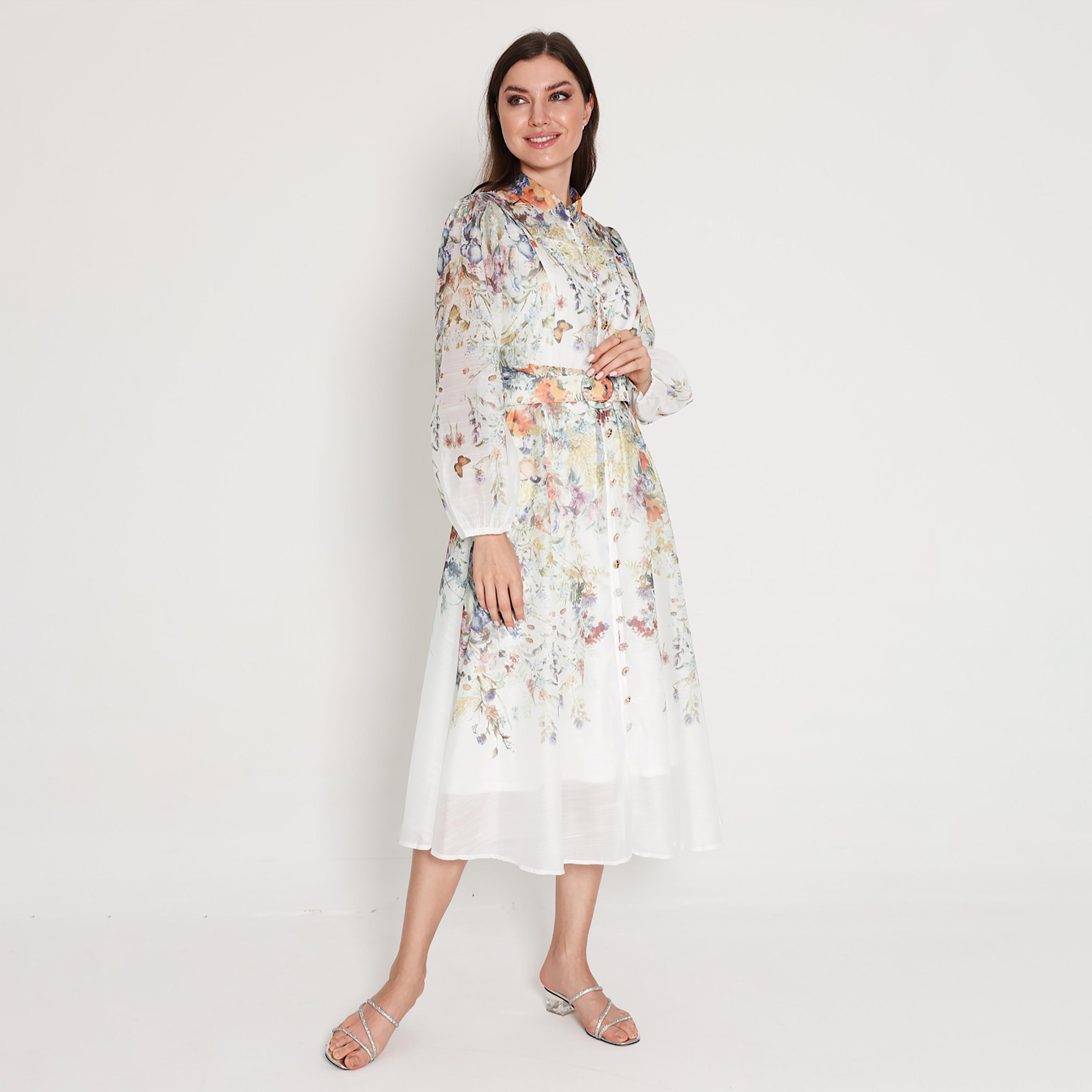 IKKXA White Floral Print Mandarin Collar Balloon Sleeves Women's Midi Dress-women-clothing-dresses-image-4