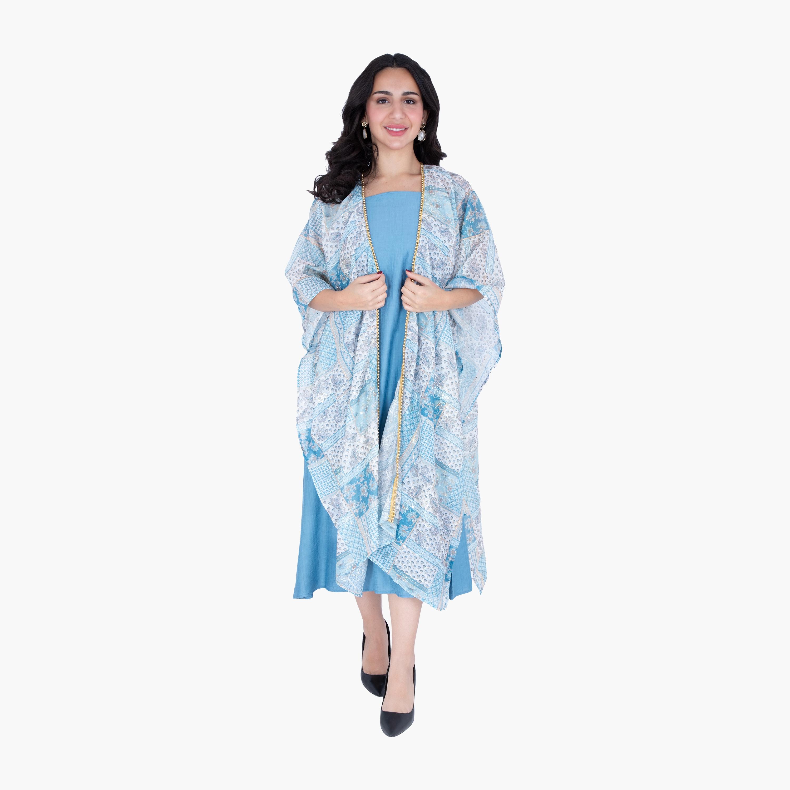 جلابية بنقشة بيزلي وهندسية، بتصميم شال متراكب من إككسا-women-arabicclothing-jalabiyas-image-1