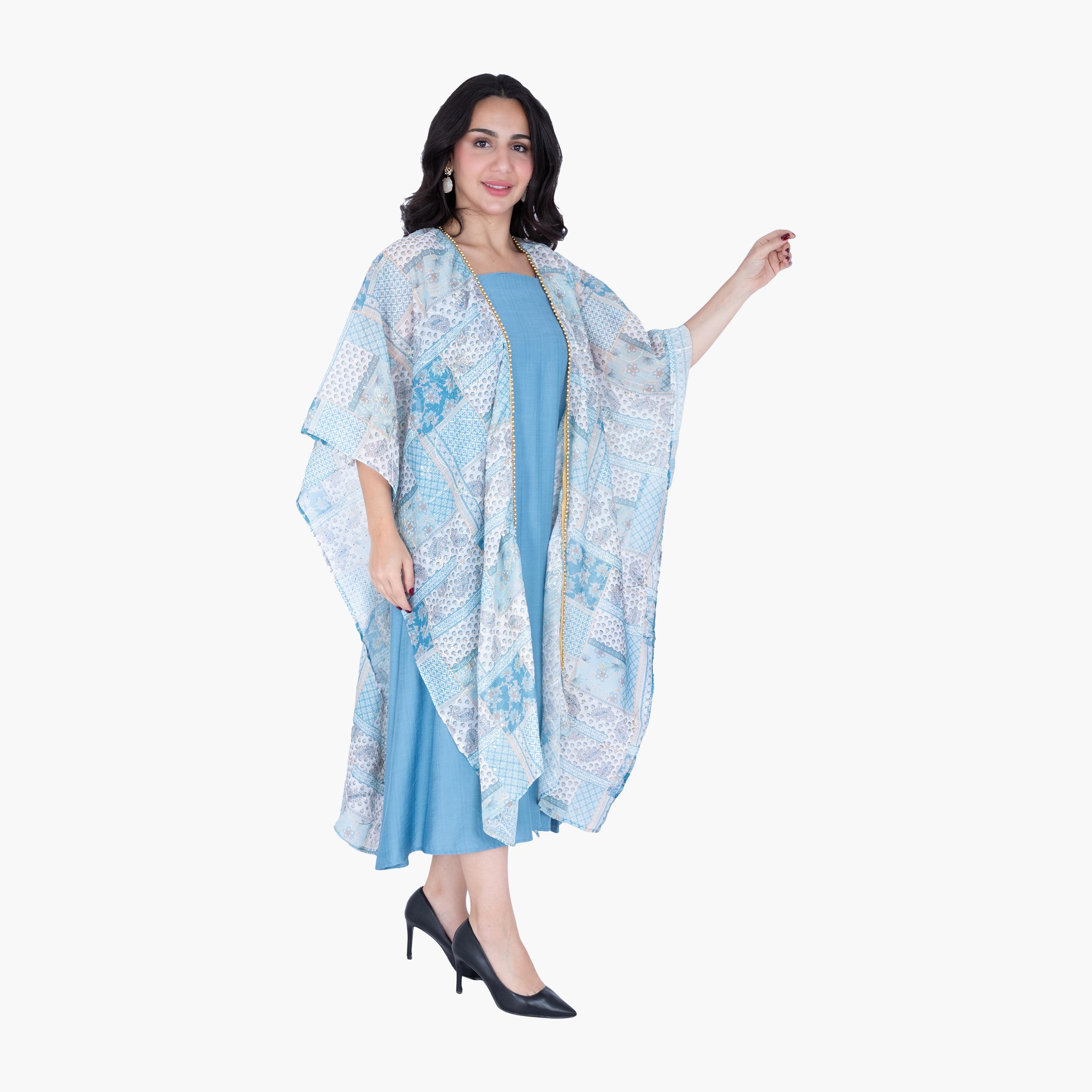 جلابية بنقشة بيزلي وهندسية، بتصميم شال متراكب من إككسا-women-arabicclothing-jalabiyas-image-3