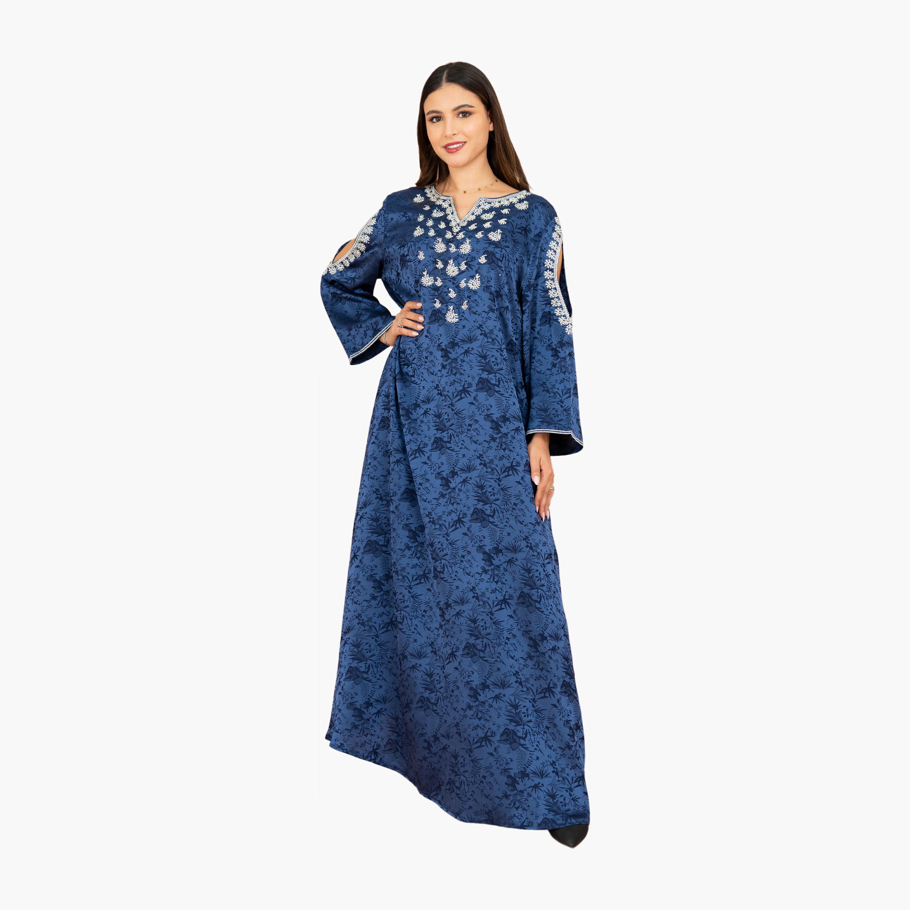 IKKXA Botanical Print Cut-Out Sleeves Women's Evening Jalabiya-women-arabicclothing-jalabiyas-image-1