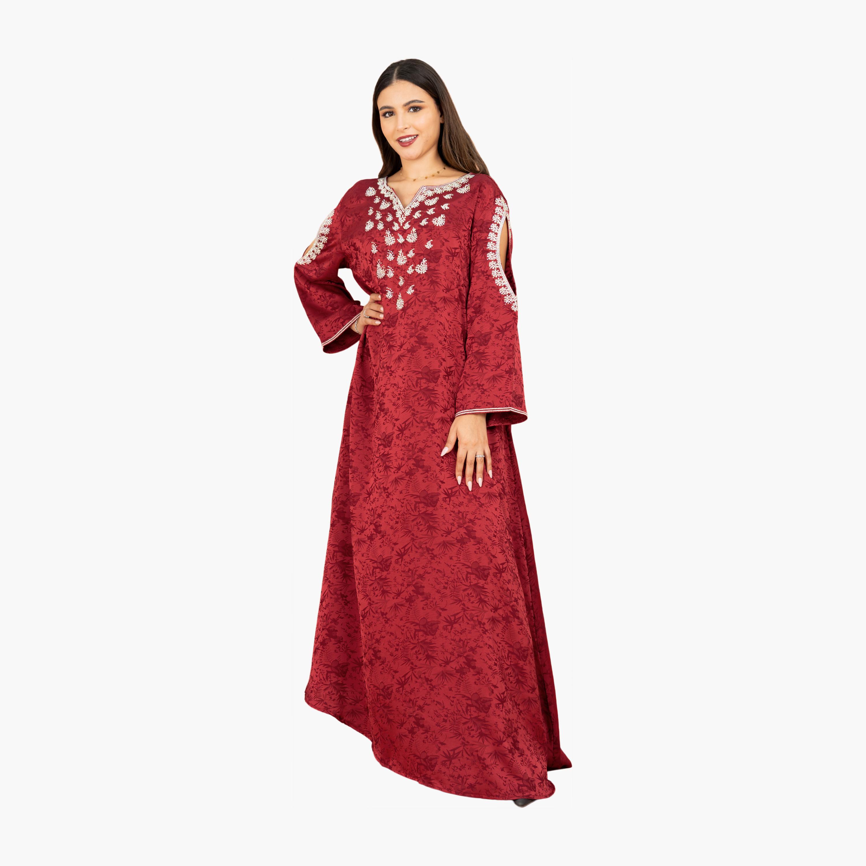 IKKXA Botanical Print Cut-Out Sleeves Women's Evening Jalabiya-women-arabicclothing-jalabiyas-image-9