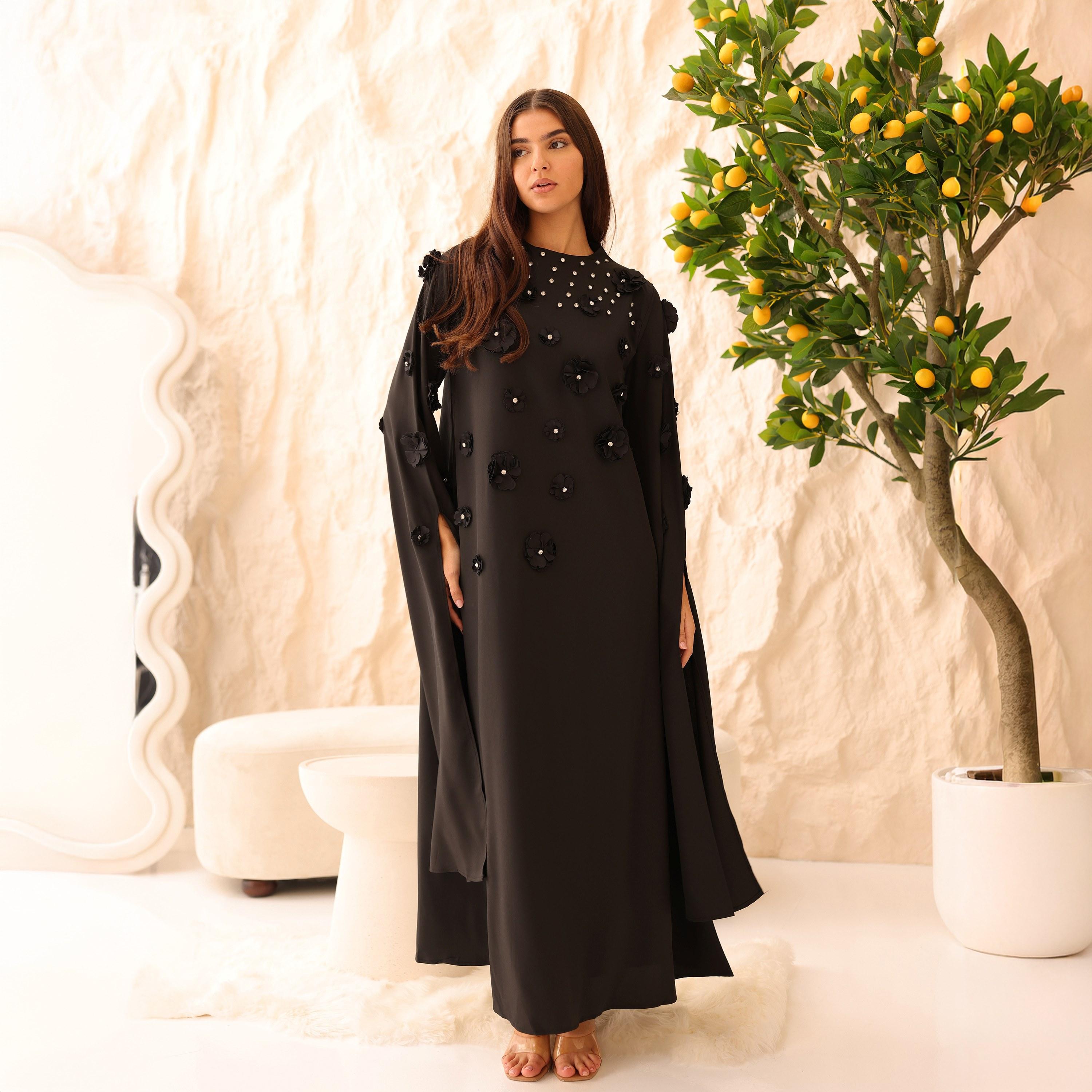 IKKXA 3D Floral Cape Sleeves Women's Evening Flared Jalabiya-women-clothing-dresses-image-1
