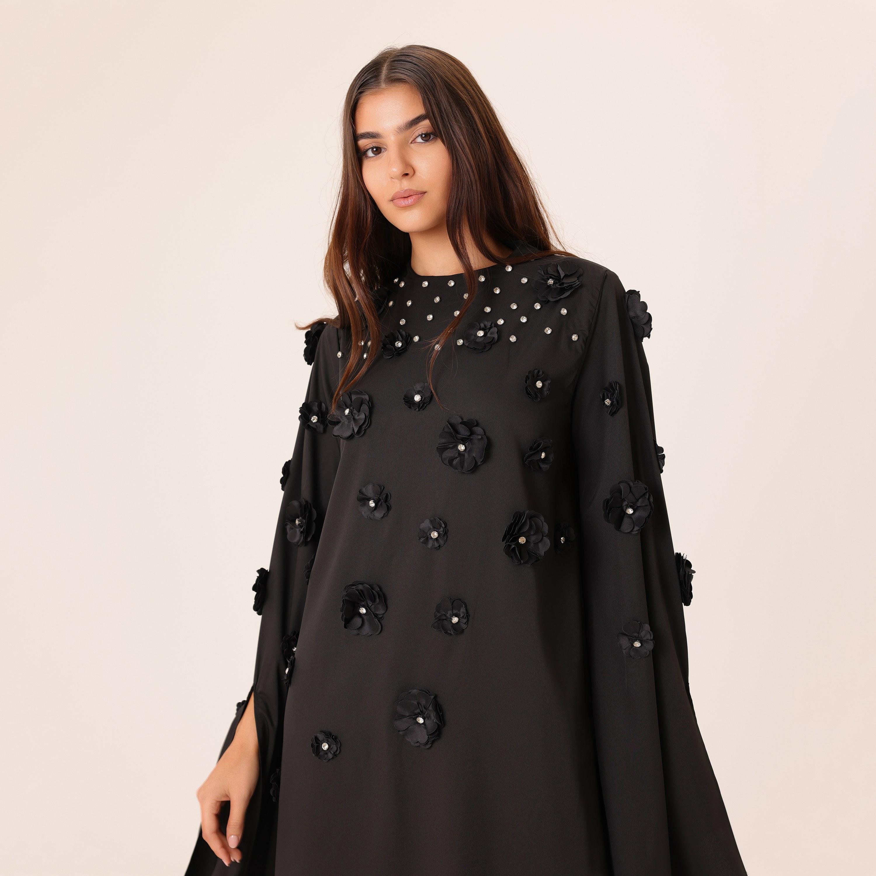 IKKXA 3D Floral Cape Sleeves Women's Evening Flared Jalabiya-women-clothing-dresses-image-2