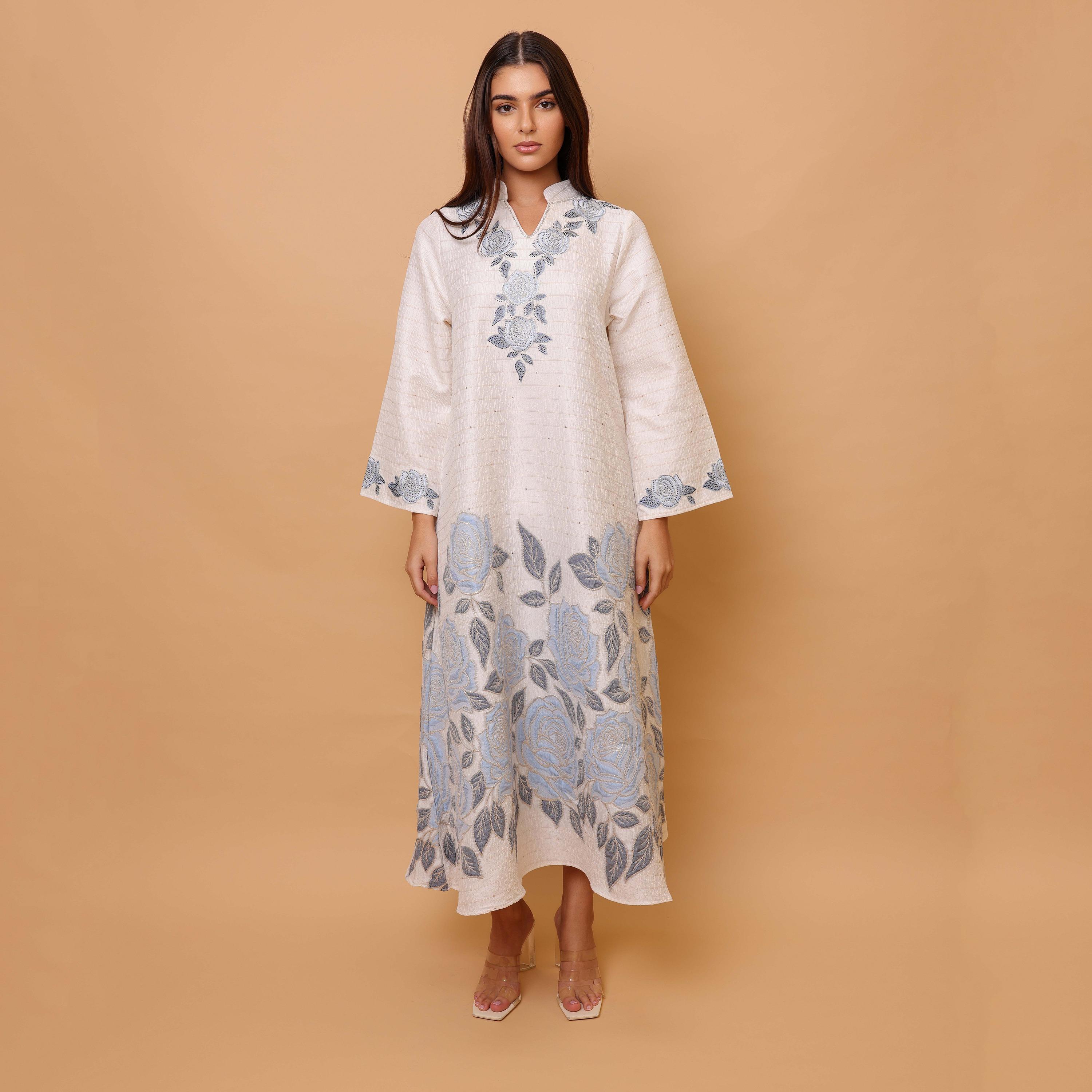 جلابية نسائية جاكار بنقشة الورد وياقة ماندارين وأكمام واسعة من إيككسا-women-arabicclothing-jalabiyas-image-10