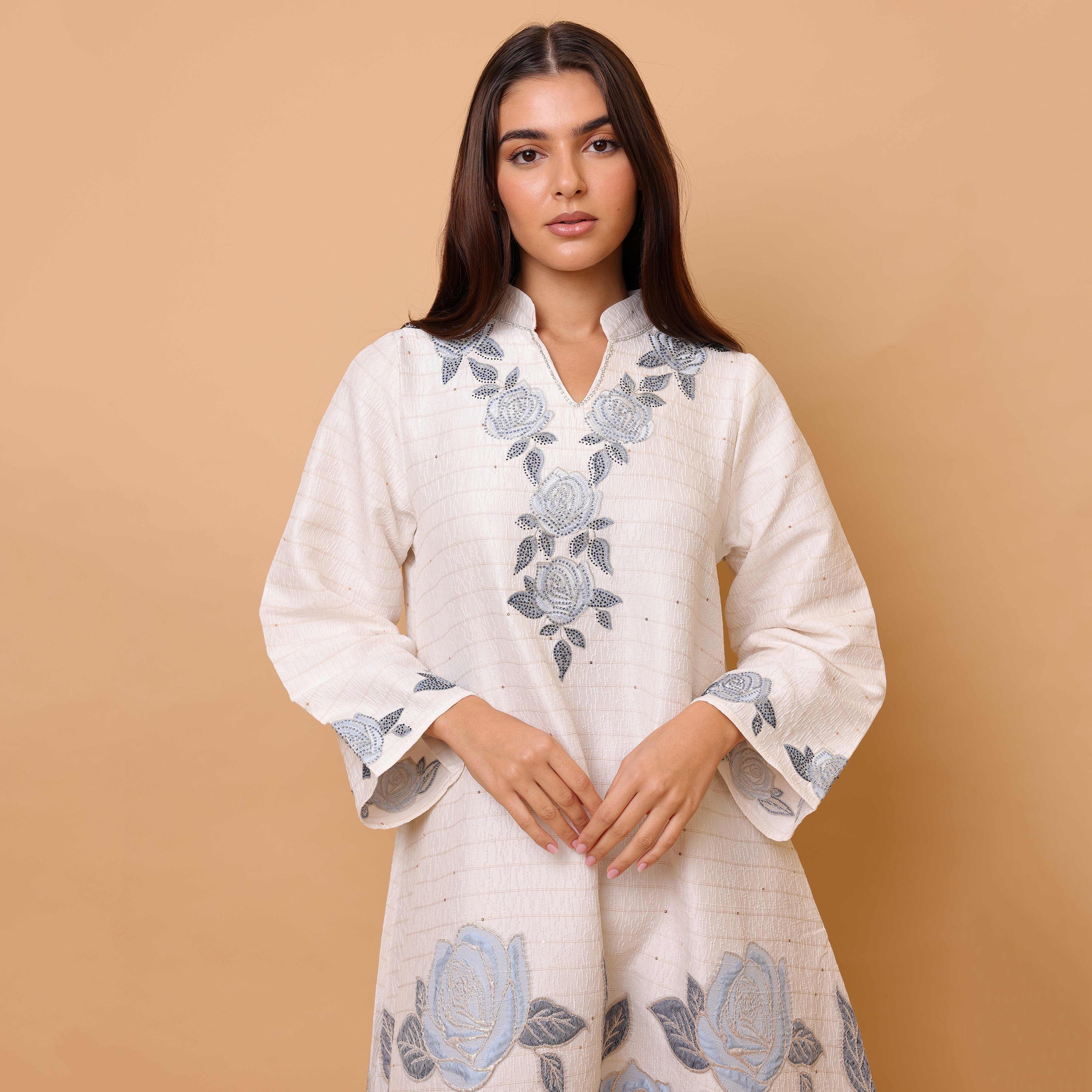 جلابية نسائية جاكار بنقشة الورد وياقة ماندارين وأكمام واسعة من إيككسا-women-arabicclothing-jalabiyas-image-11