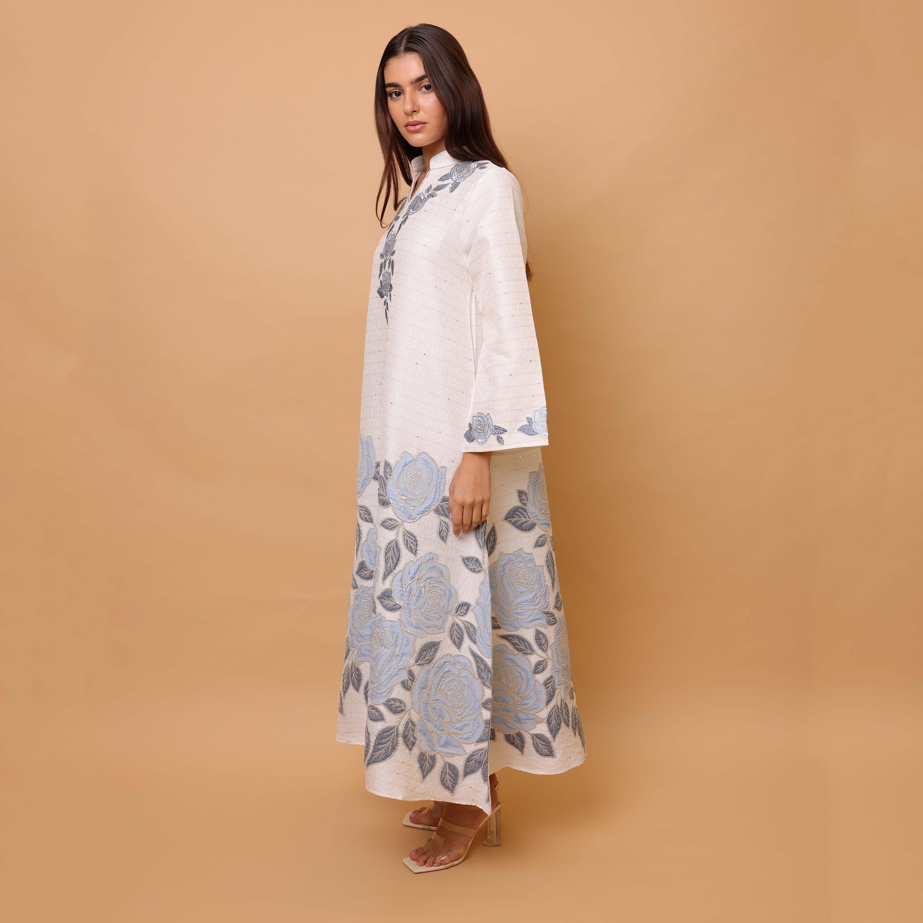 جلابية نسائية جاكار بنقشة الورد وياقة ماندارين وأكمام واسعة من إيككسا-women-arabicclothing-jalabiyas-image-12