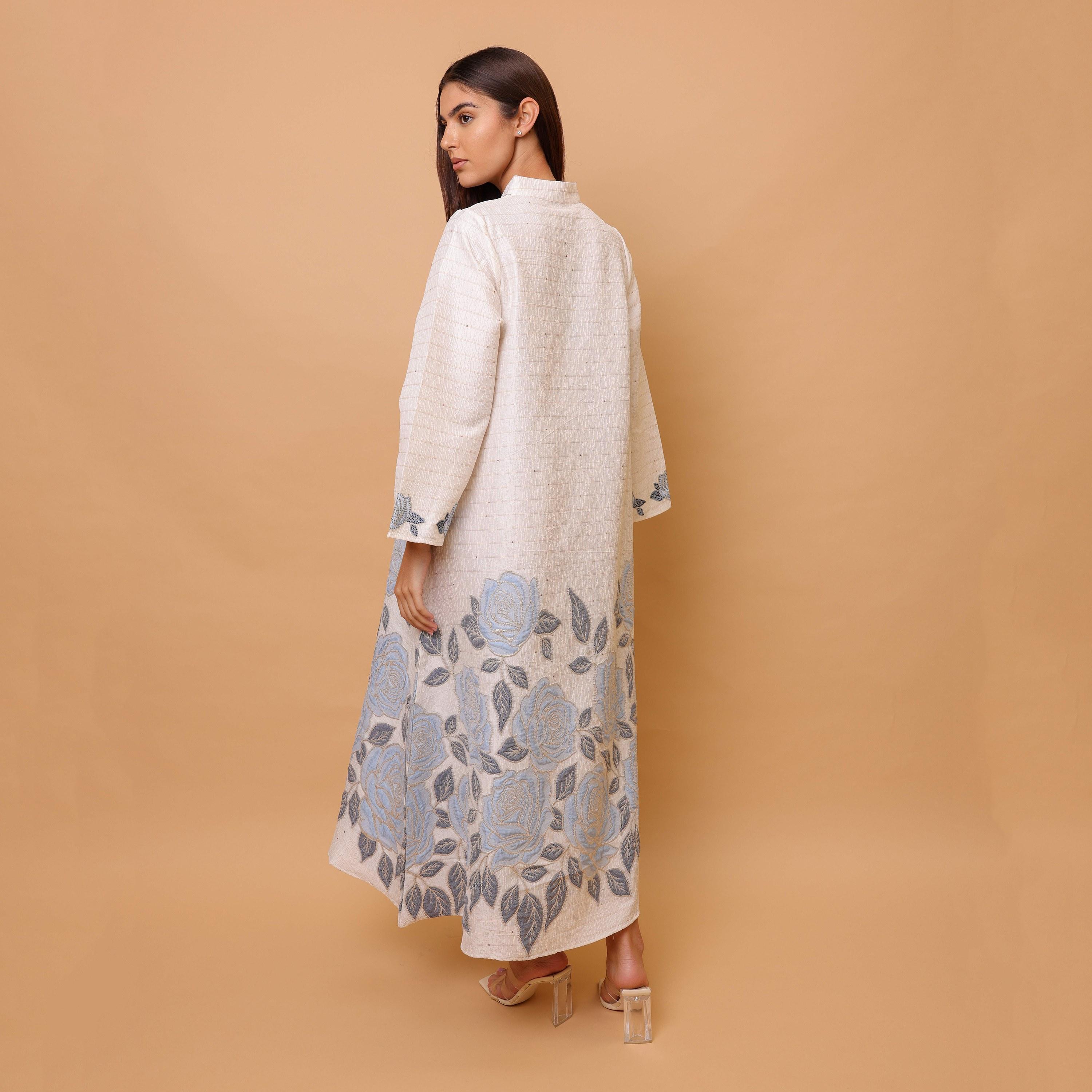 جلابية نسائية جاكار بنقشة الورد وياقة ماندارين وأكمام واسعة من إيككسا-women-arabicclothing-jalabiyas-image-13