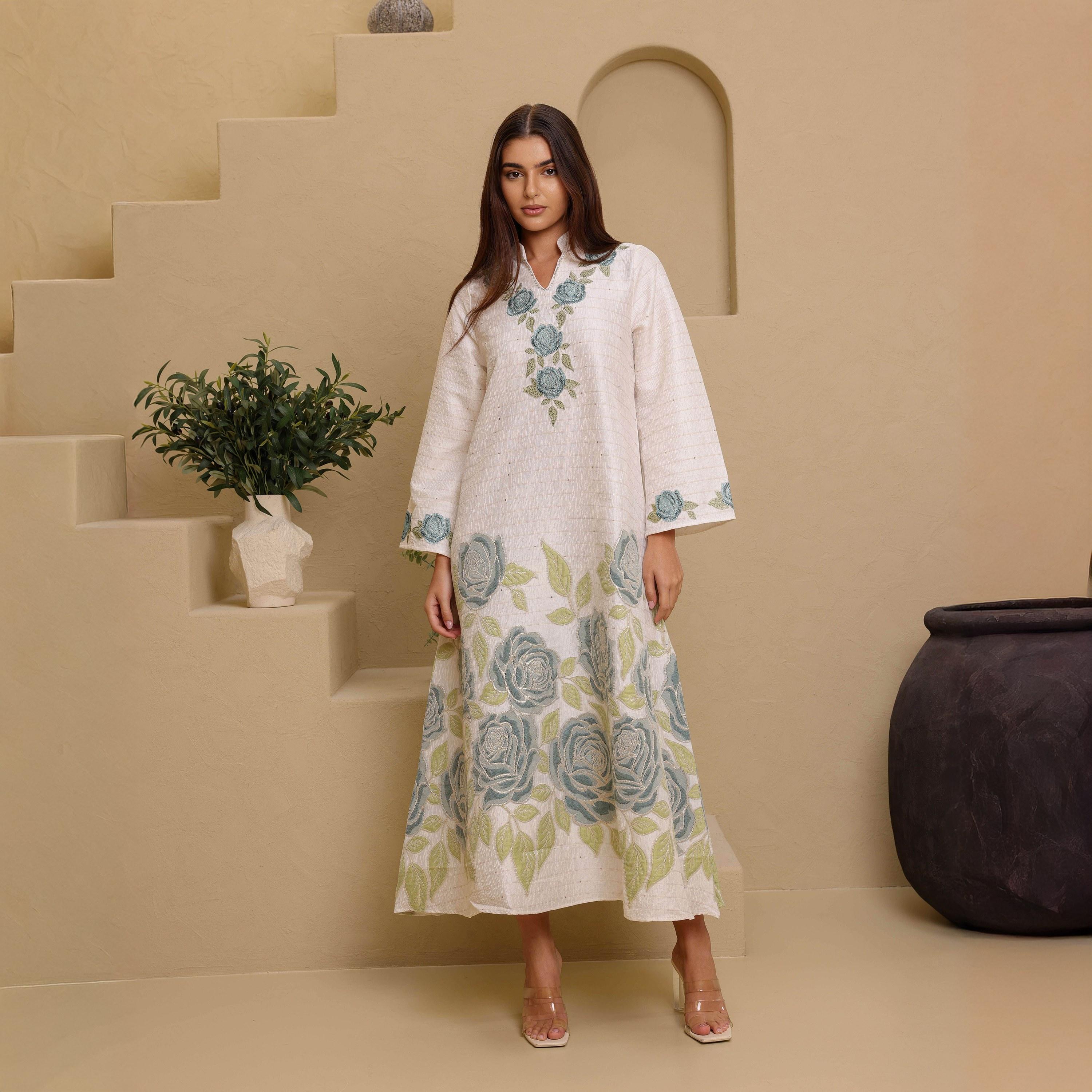 IKKXA Jacquard Rose Mandarin Collar Wide Sleeves Women's Jalabiya-women-arabicclothing-jalabiyas-image-1