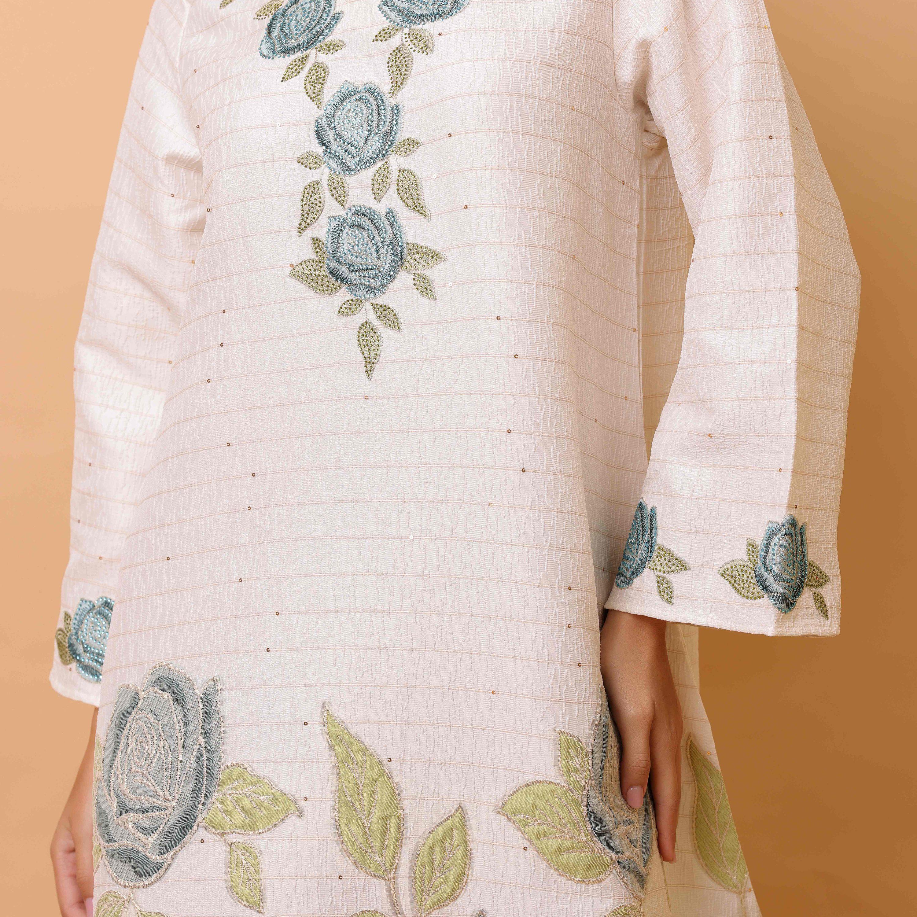 IKKXA Jacquard Rose Mandarin Collar Wide Sleeves Women's Jalabiya-women-arabicclothing-jalabiyas-image-2