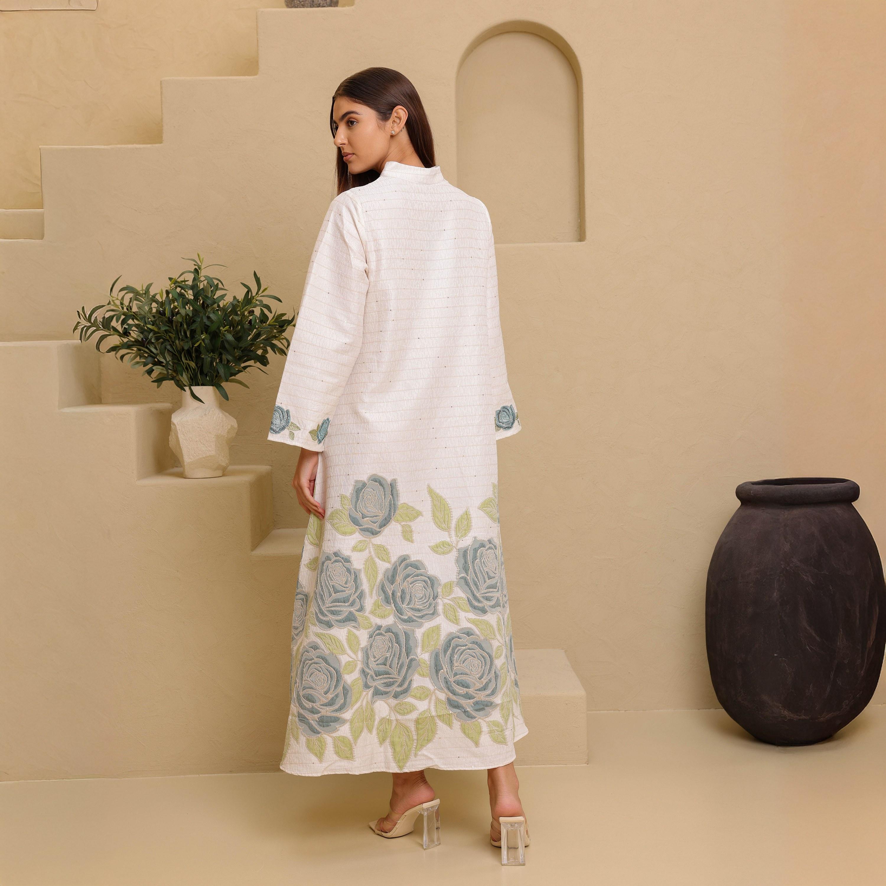 IKKXA Jacquard Rose Mandarin Collar Wide Sleeves Women's Jalabiya-women-arabicclothing-jalabiyas-image-4
