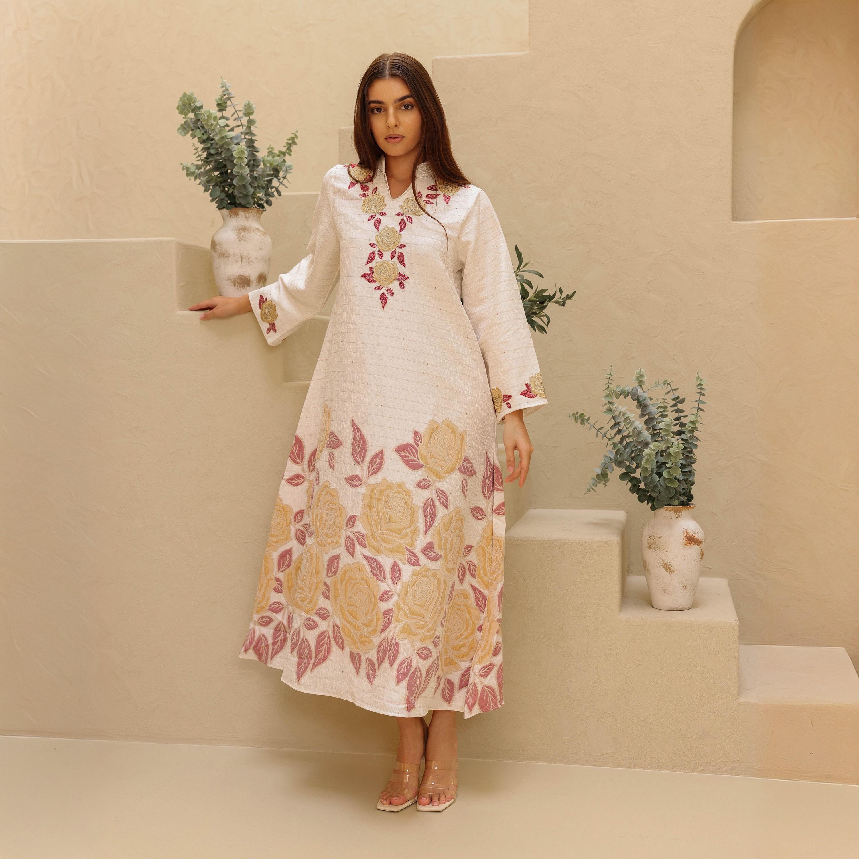 جلابية نسائية جاكار بنقشة الورد وياقة ماندارين وأكمام واسعة من إيككسا-women-arabicclothing-jalabiyas-image-6