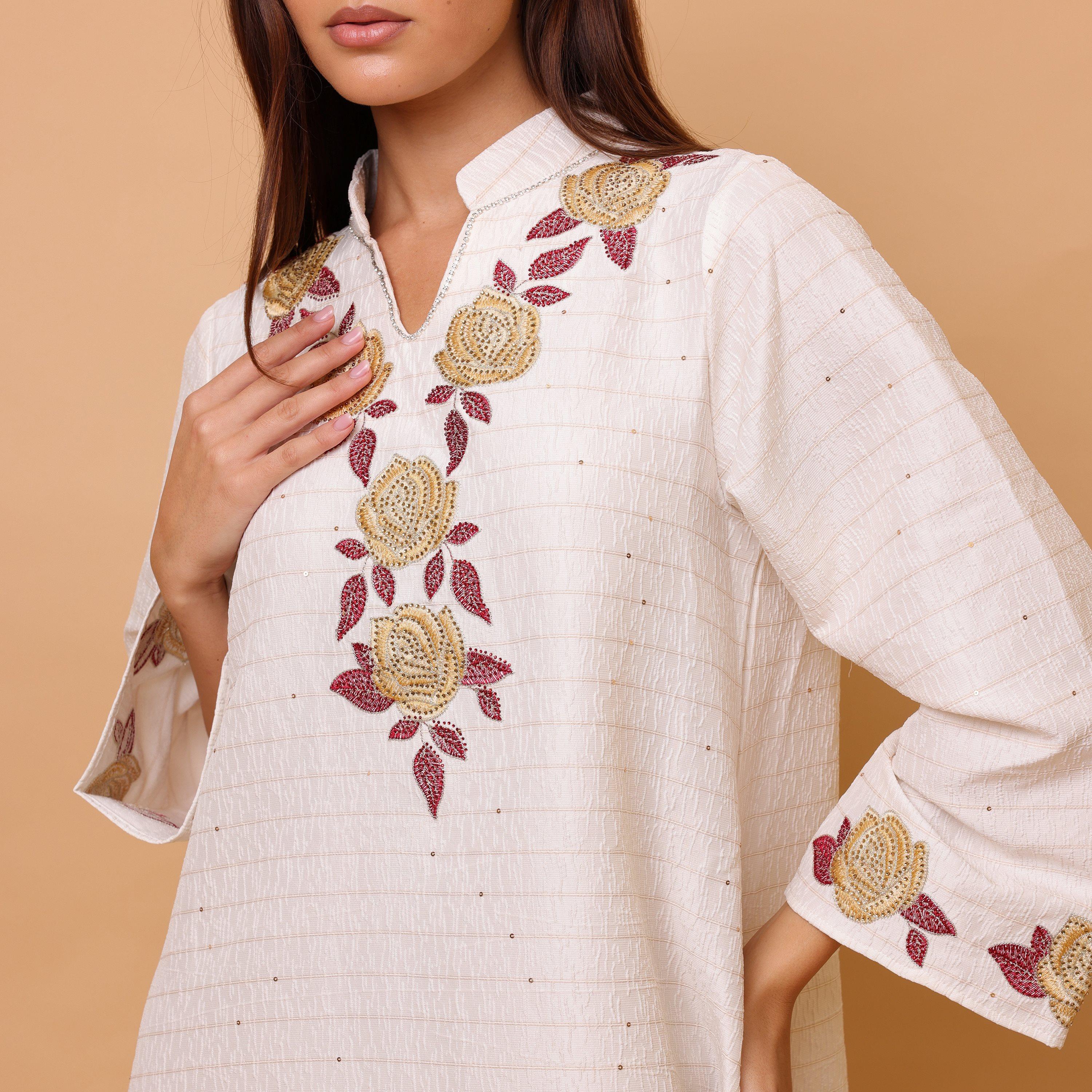 جلابية نسائية جاكار بنقشة الورد وياقة ماندارين وأكمام واسعة من إيككسا-women-arabicclothing-jalabiyas-image-7
