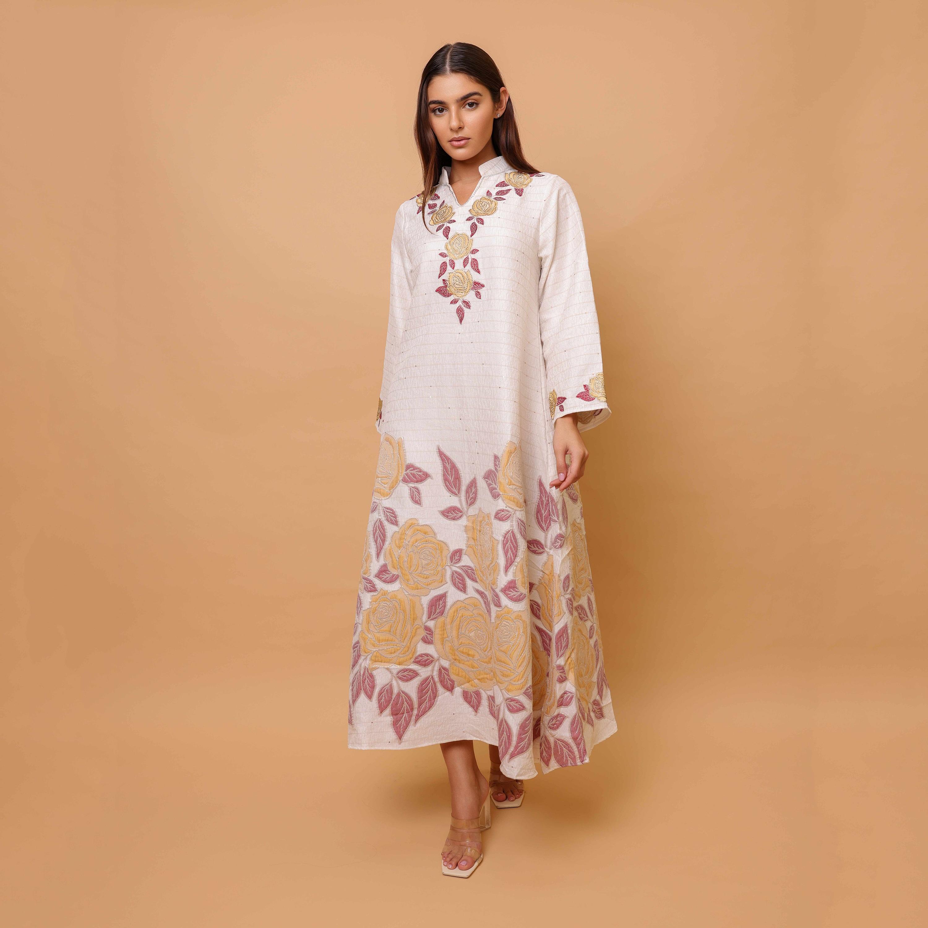 جلابية نسائية جاكار بنقشة الورد وياقة ماندارين وأكمام واسعة من إيككسا-women-arabicclothing-jalabiyas-image-8