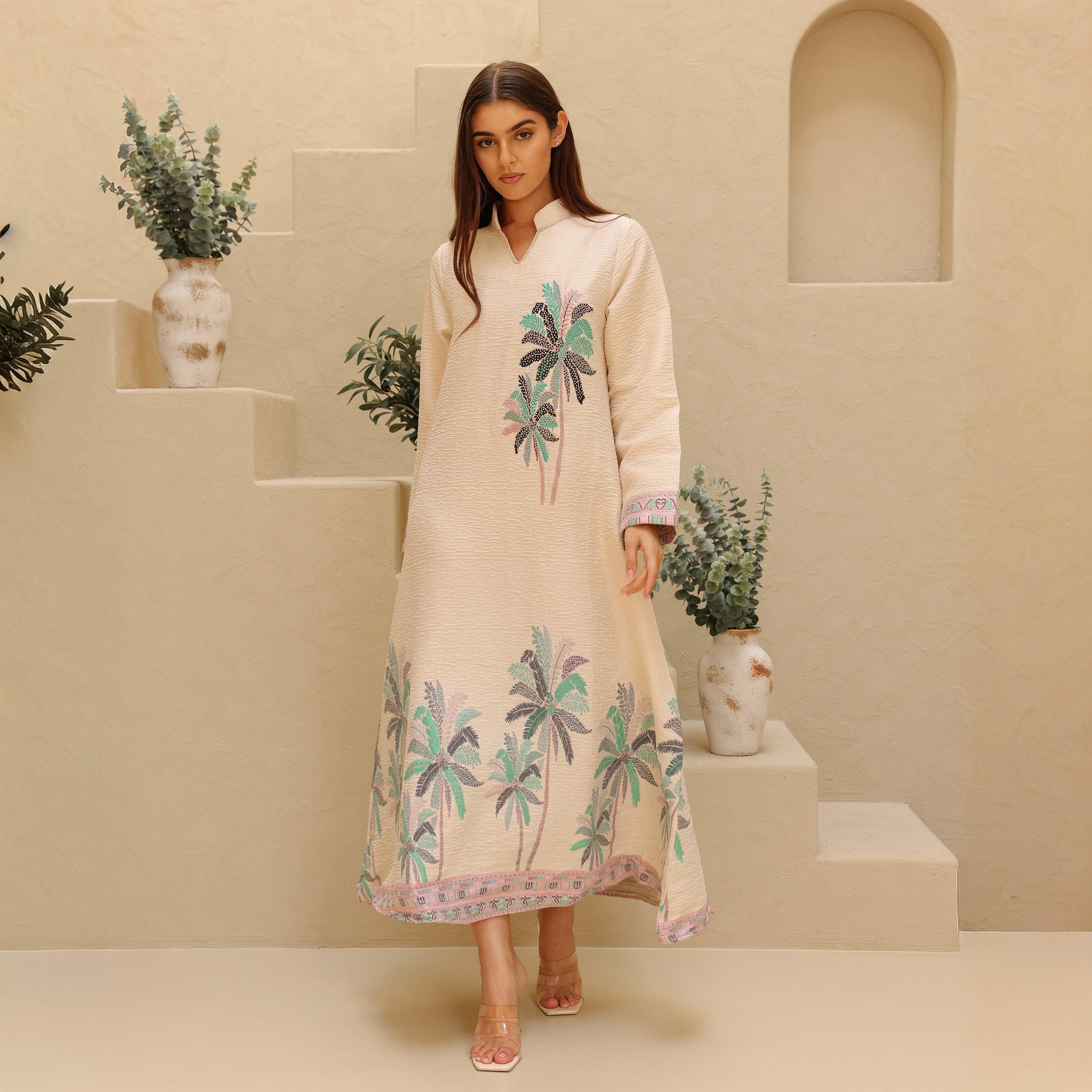 IKKXA Tropical Embroidered Mandarin Collar Women's Jalabiya-women-arabicclothing-jalabiyas-image-1