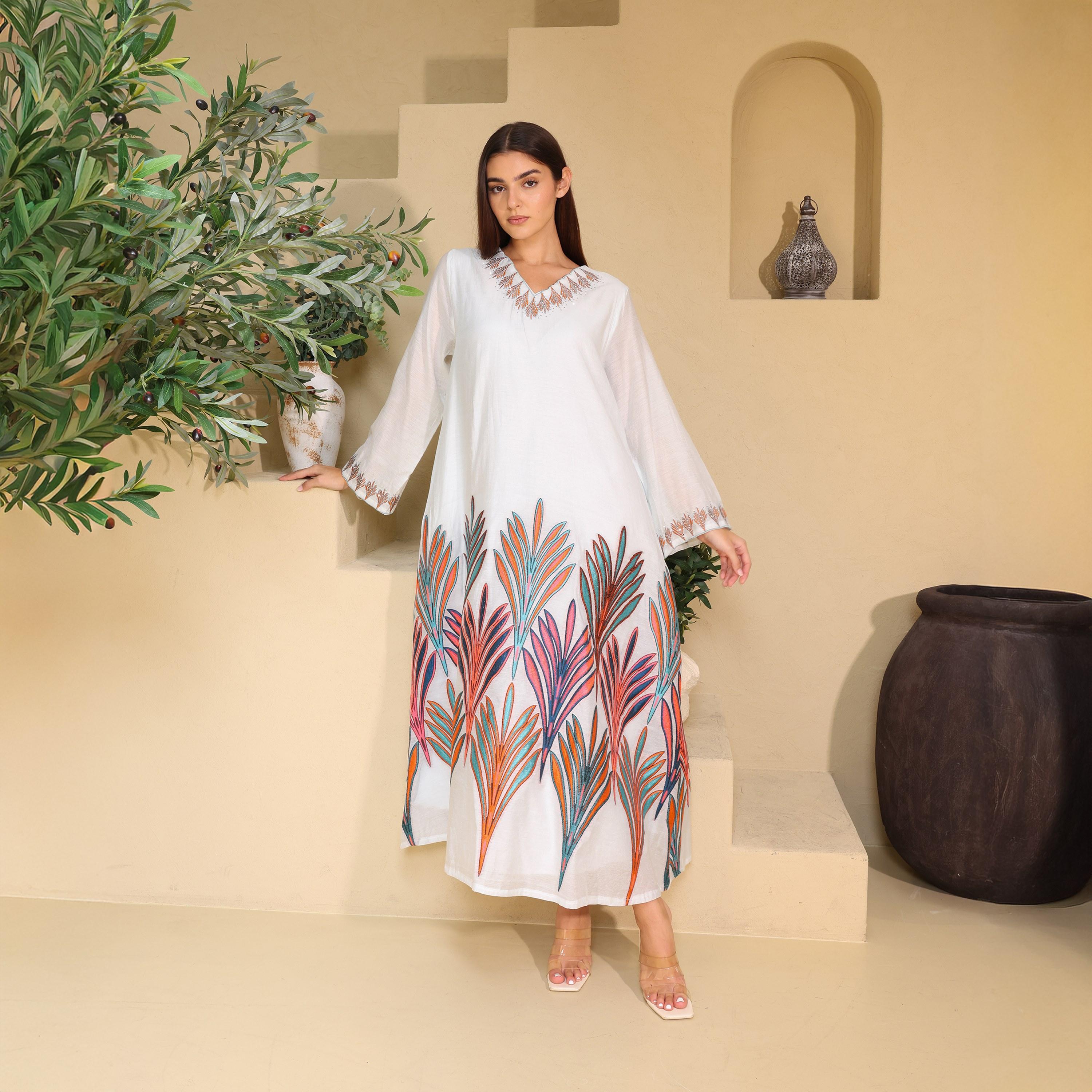 جلابية نسائية مطرزة بنقوش أوراق الشجر من إككسا-women-arabicclothing-jalabiyas-image-5