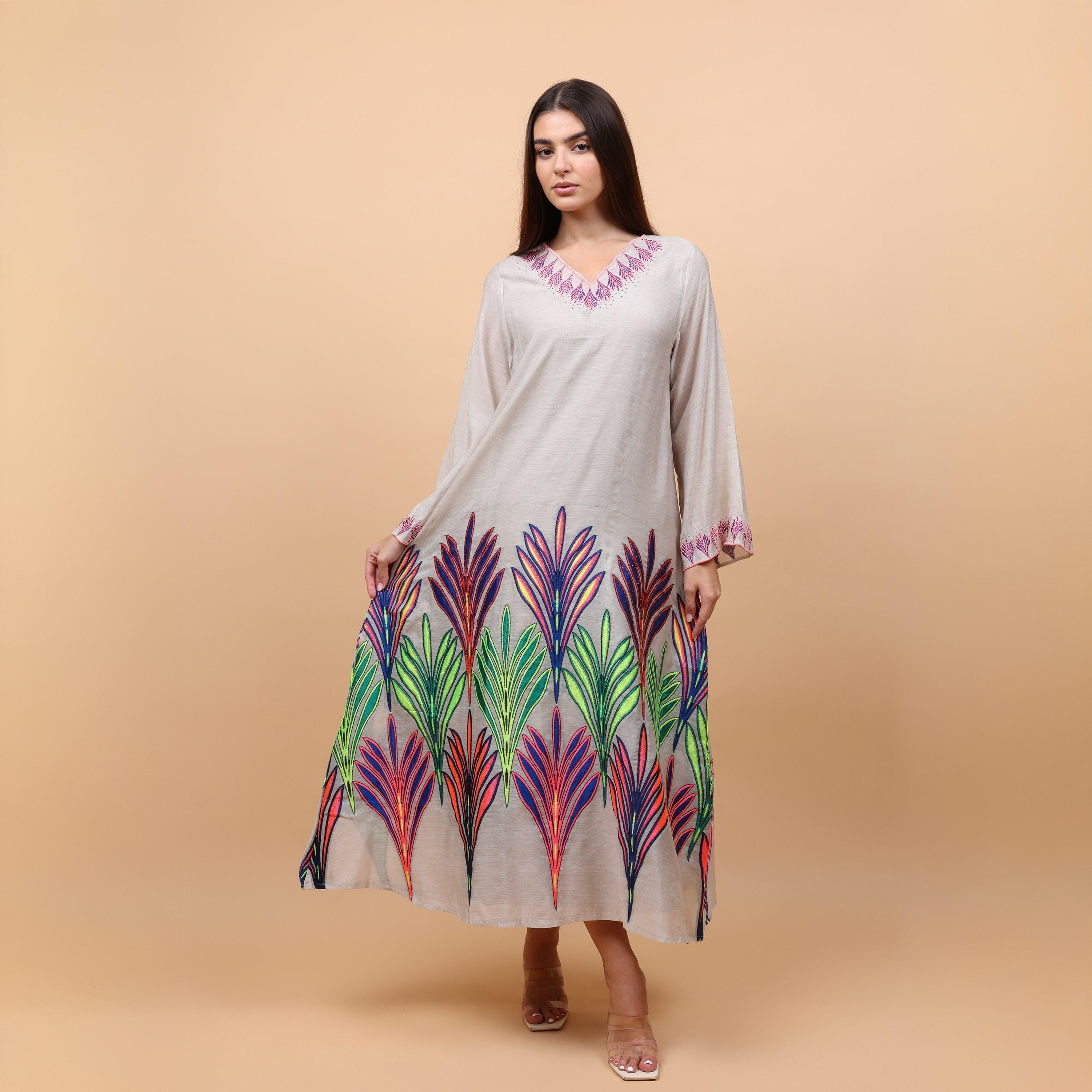 IKKXA Leaf Embroidered Women's Jalabiya-women-arabicclothing-jalabiyas-image-1