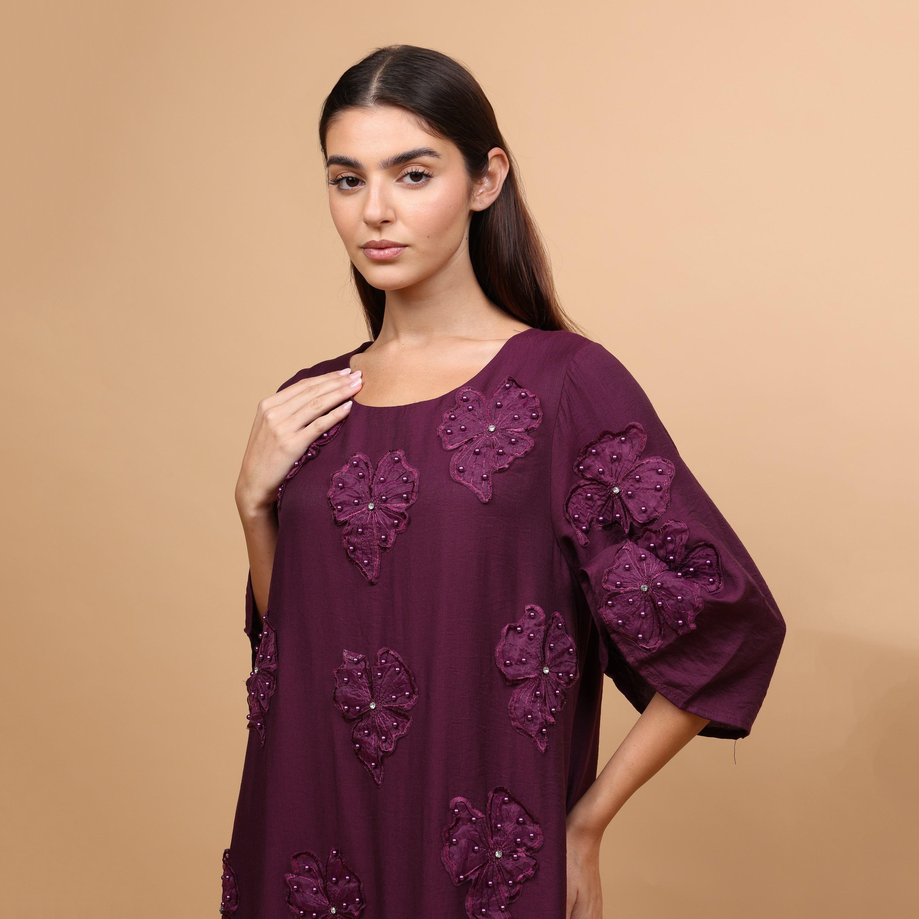 IKKXA Applique Flowers Flared Sleeves Women's Evening Jalabiya-women-arabicclothing-jalabiyas-image-2