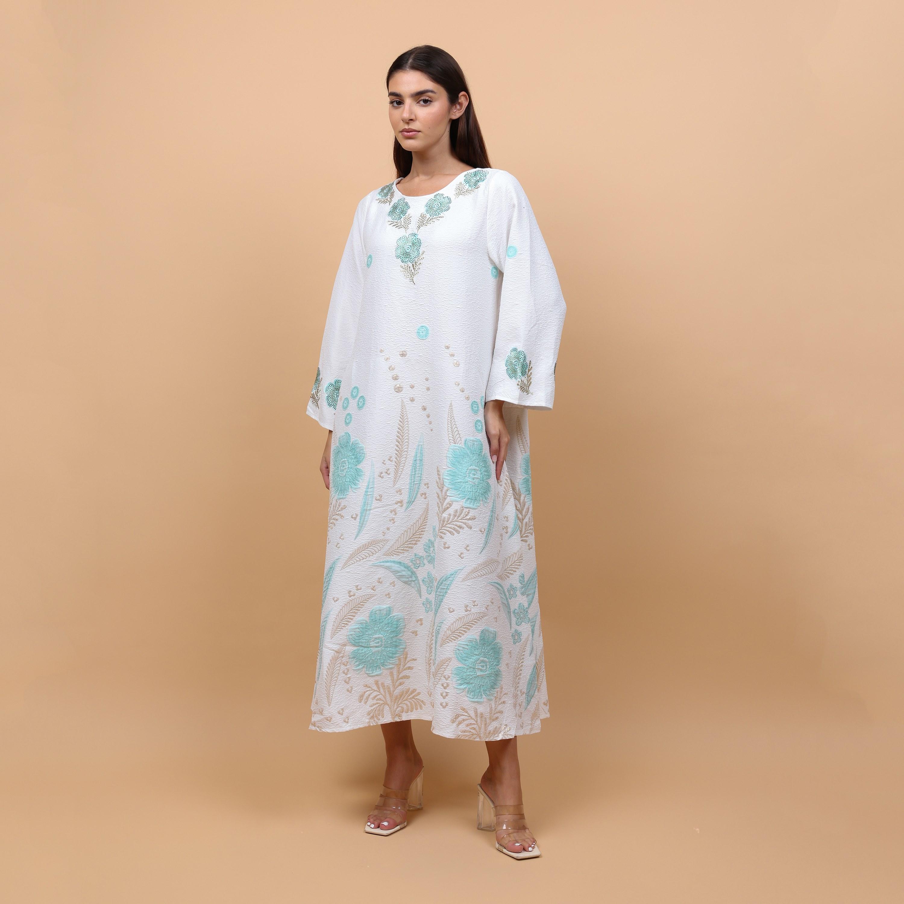 IKKXA Floral Embroidered Linen Women's Jalabiya-women-arabicclothing-jalabiyas-image-1