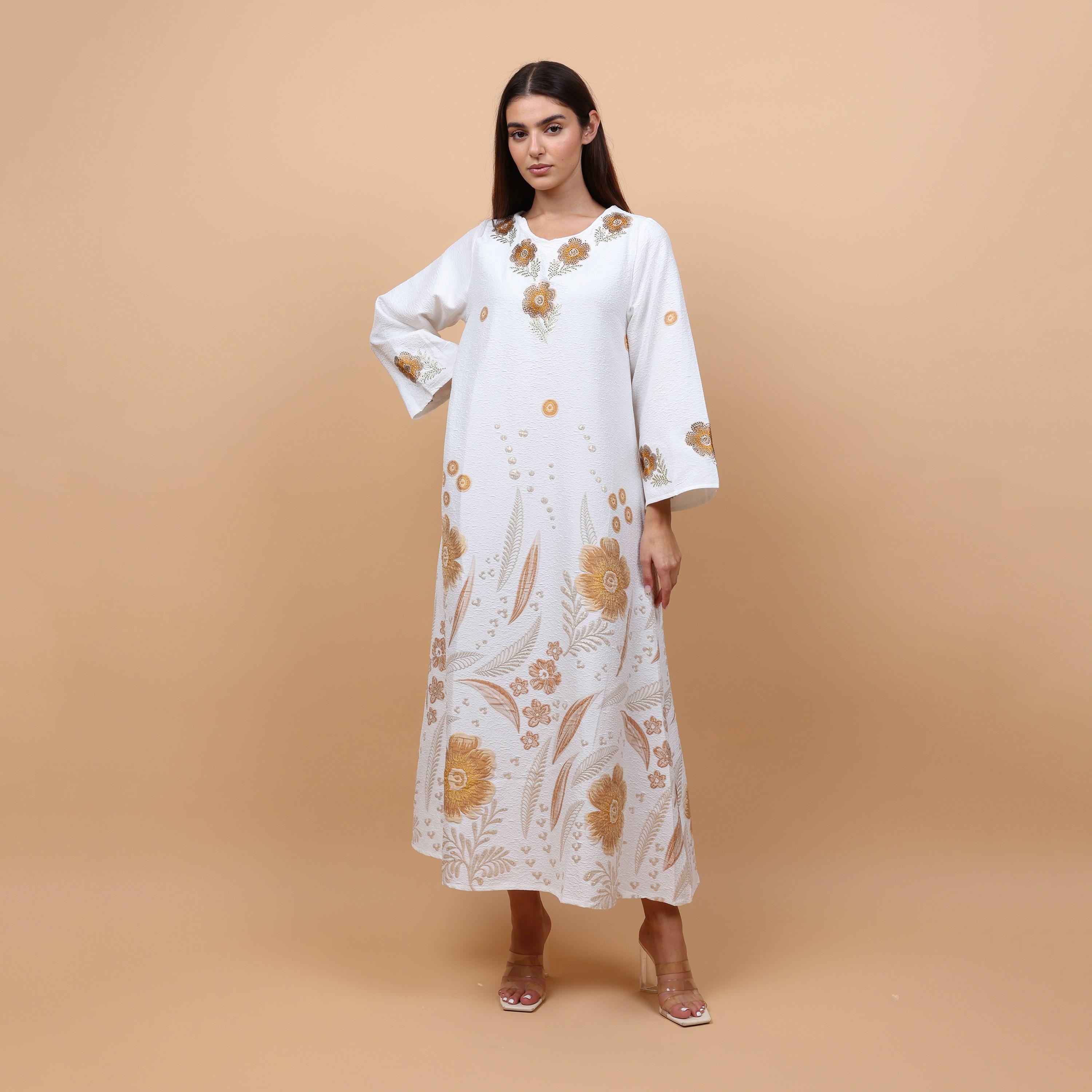 IKKXA Floral Embroidered Linen Women's Jalabiya-women-arabicclothing-jalabiyas-image-1