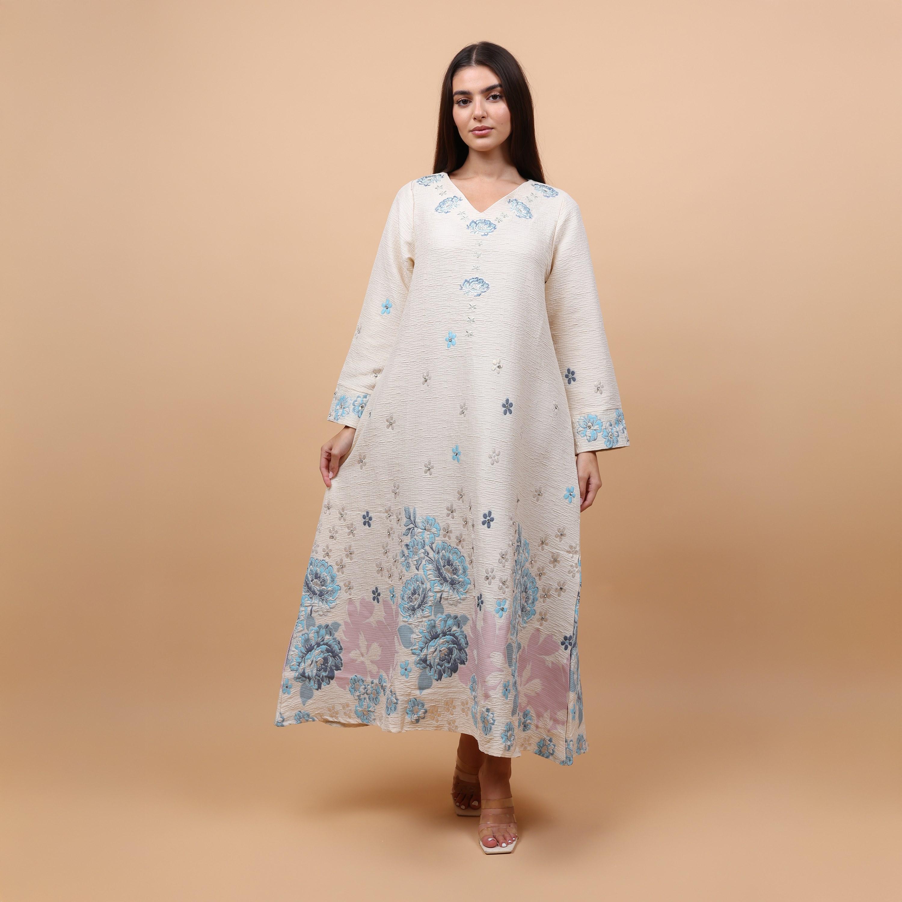 IKKXA Floral Embroidered Linen Women's Evening Jalabiya-women-arabicclothing-jalabiyas-image-1