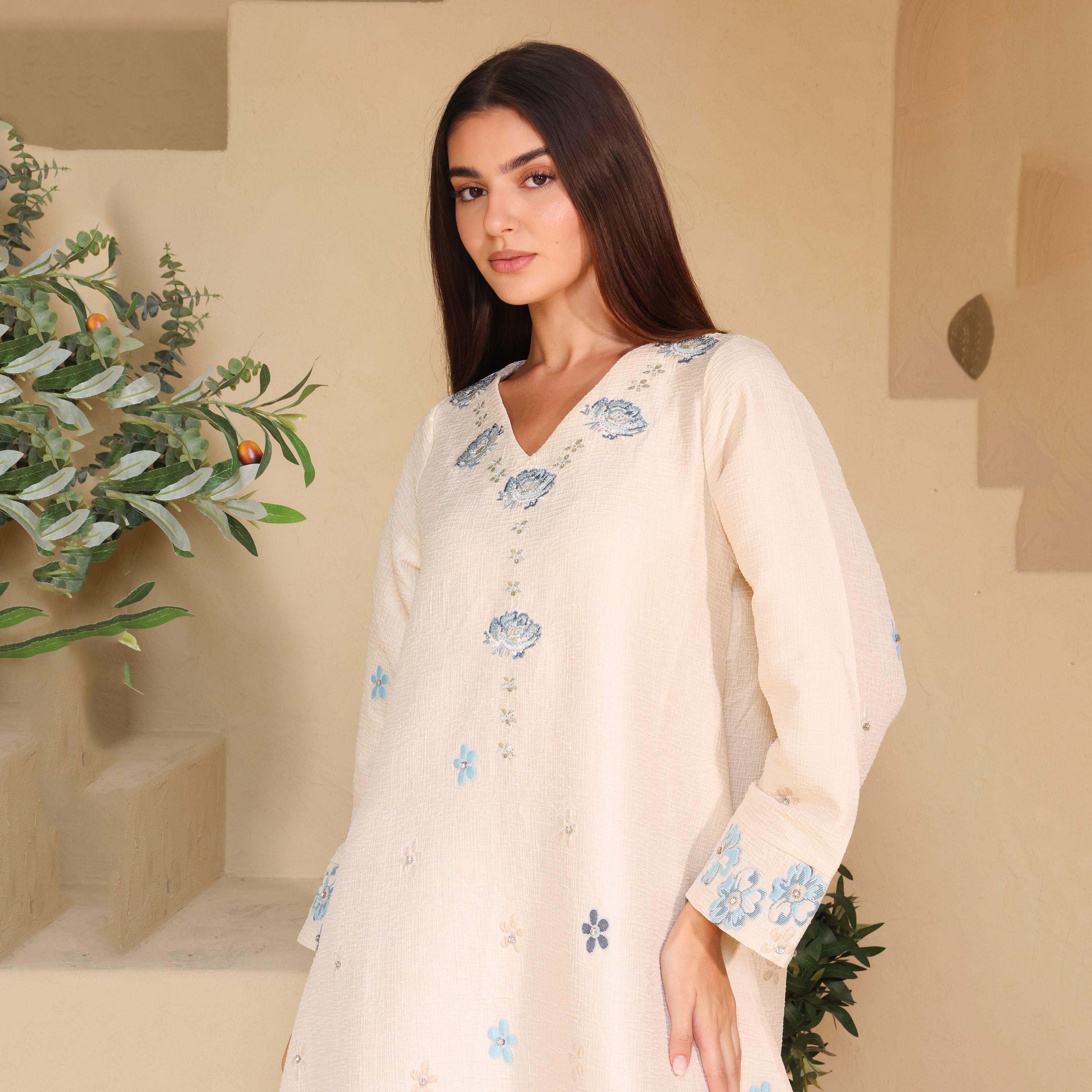 IKKXA Floral Embroidered Linen Women's Evening Jalabiya-women-arabicclothing-jalabiyas-image-2