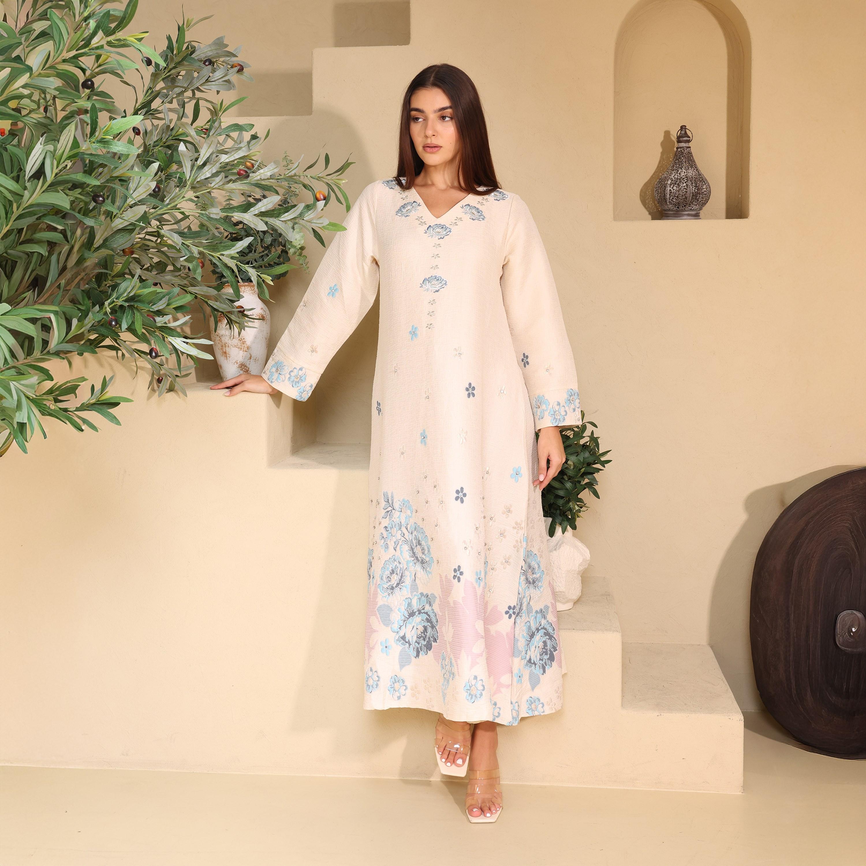 IKKXA Floral Embroidered Linen Women's Evening Jalabiya-women-arabicclothing-jalabiyas-image-5