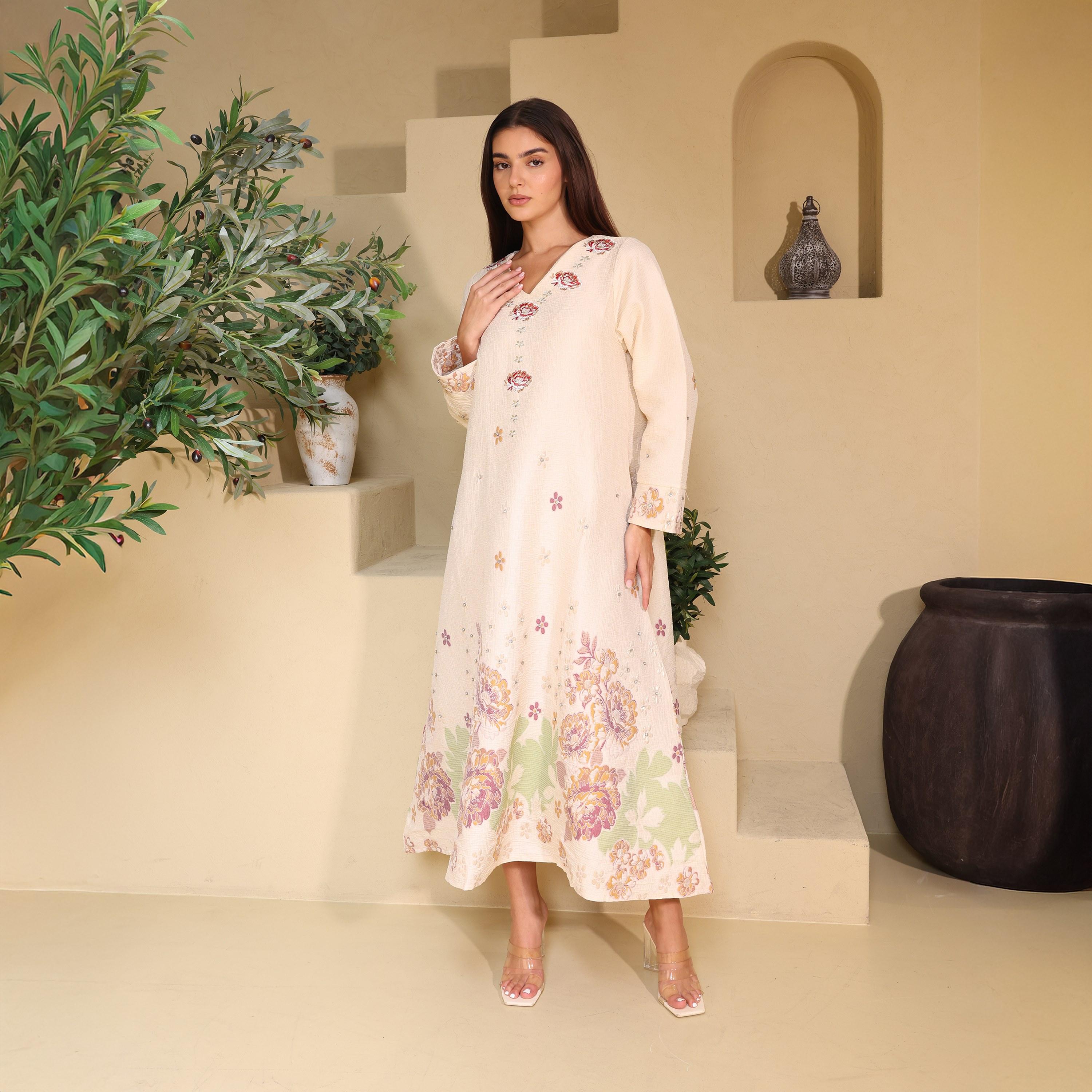IKKXA Floral Embroidered Linen Women's Evening Jalabiya-women-arabicclothing-jalabiyas-image-1