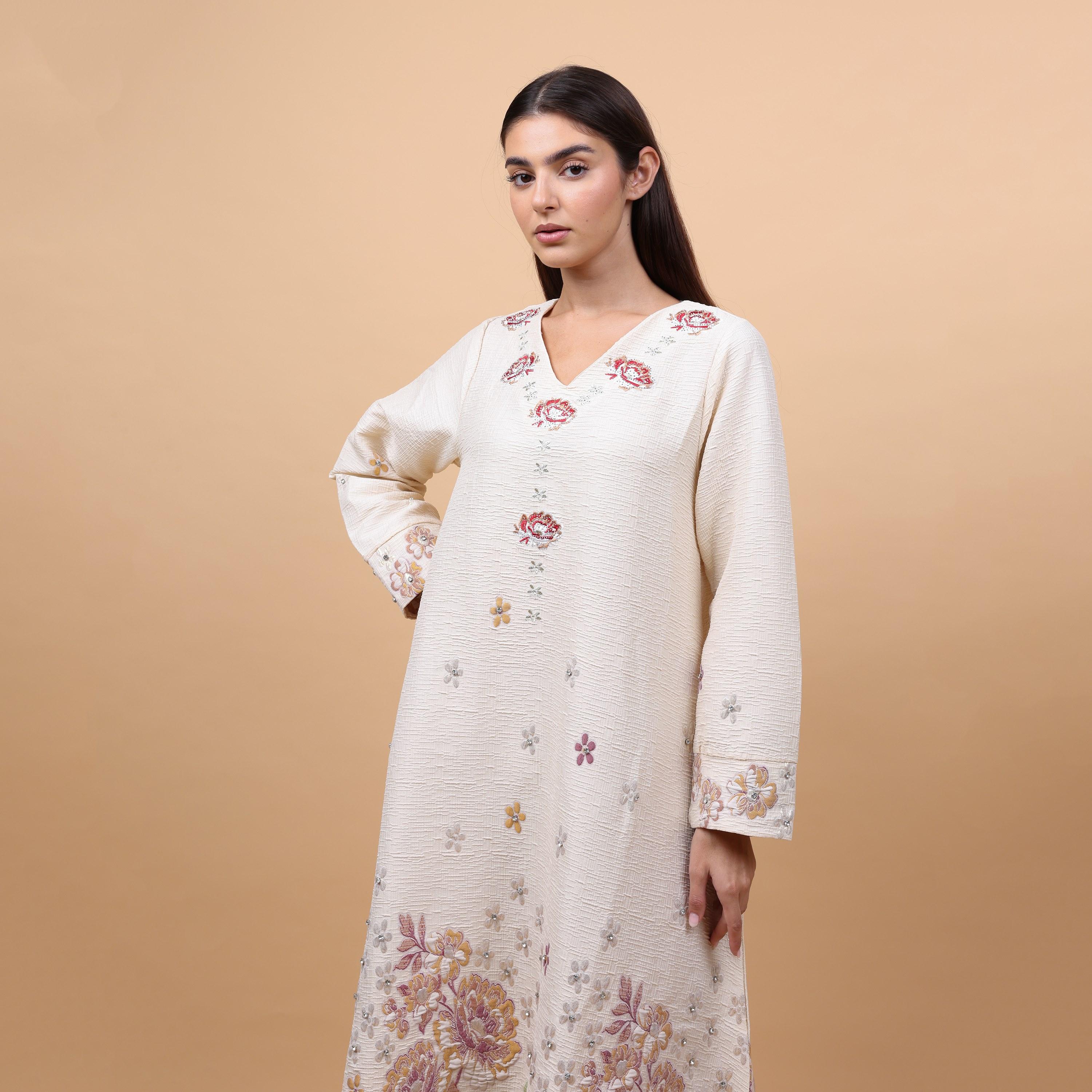IKKXA Floral Embroidered Linen Women's Evening Jalabiya-women-arabicclothing-jalabiyas-image-2