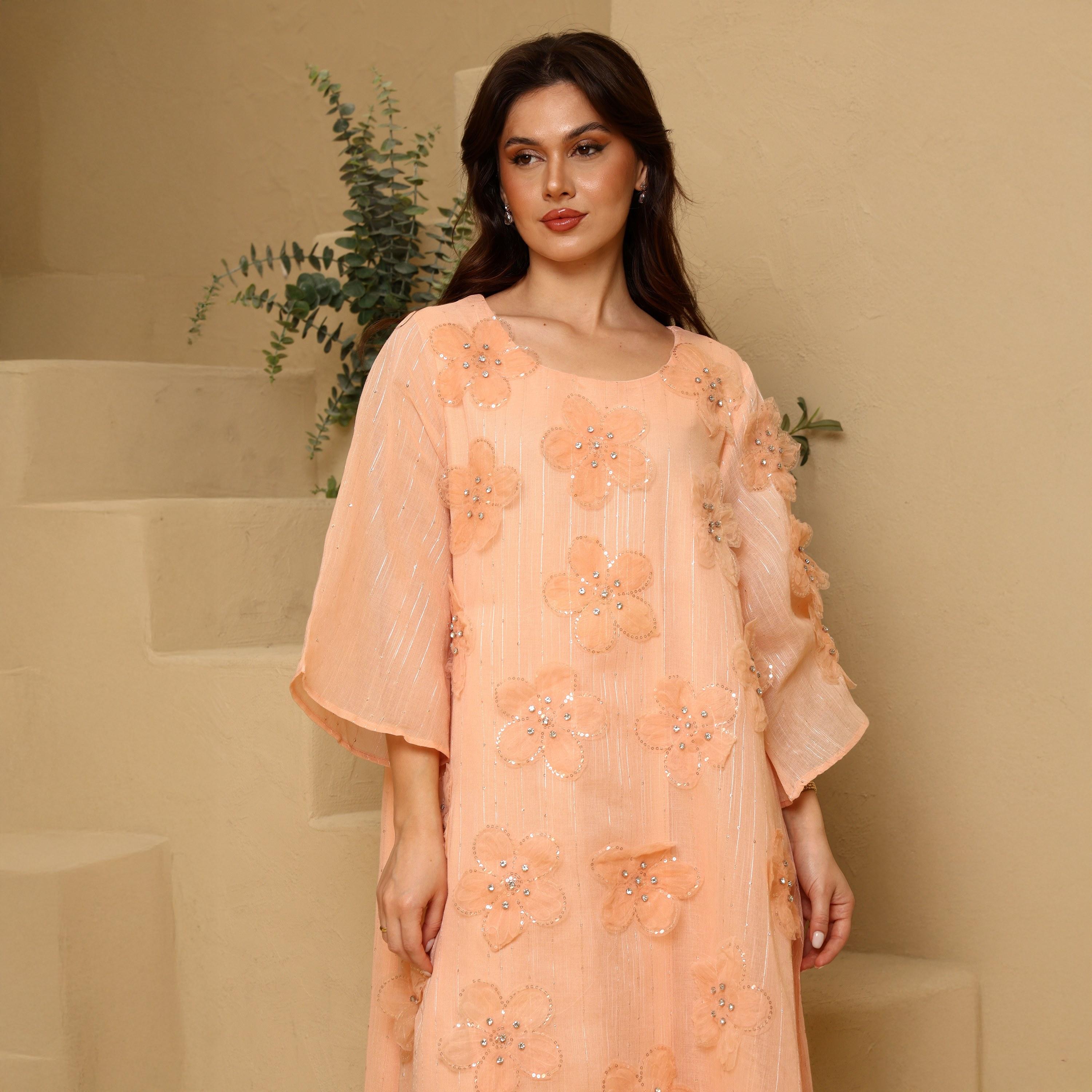 IKKXA 3D Floral Wide Sleeves Women's Evening Flared Jalabiya-women-clothing-dresses-image-2