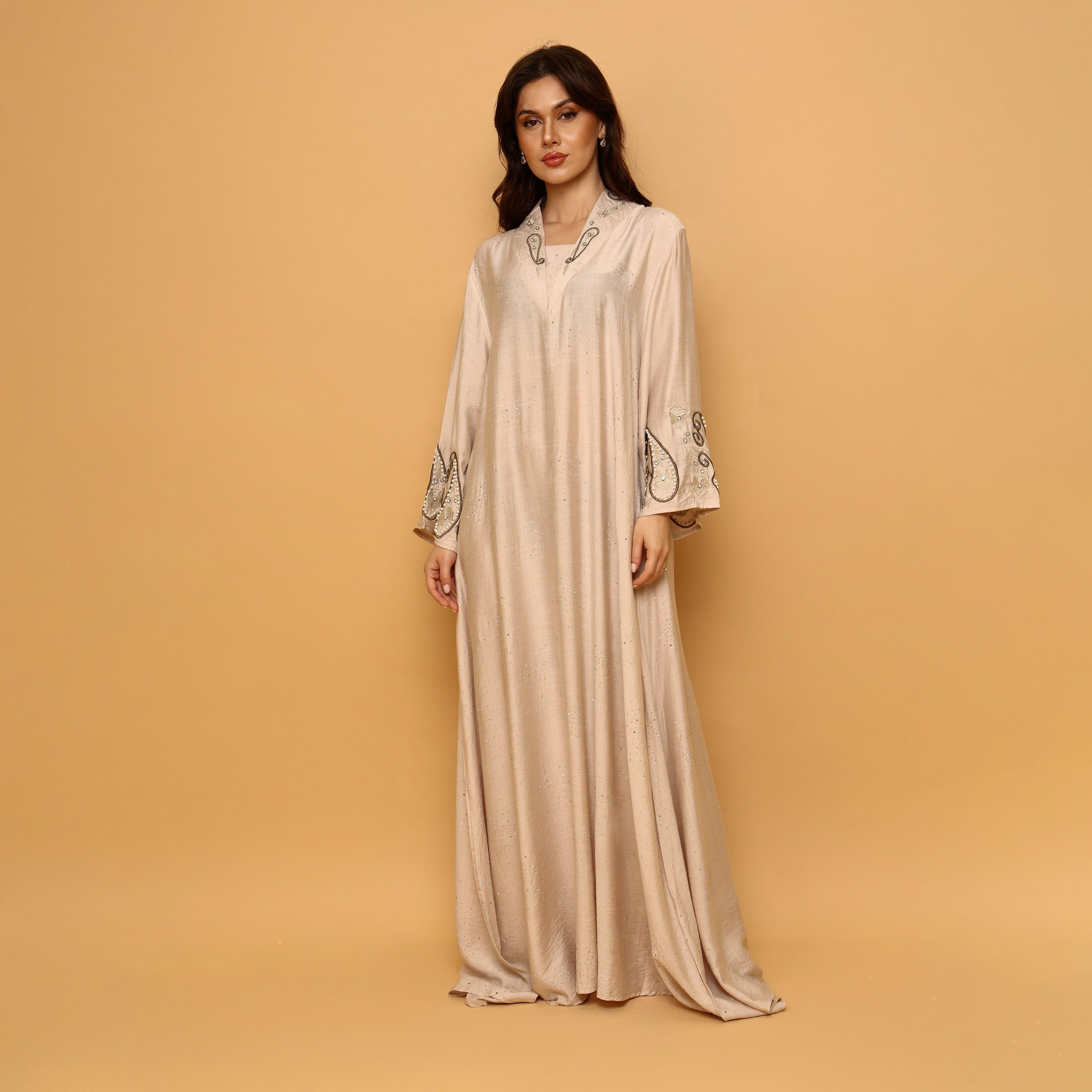 IKKXA Hotfix Stone Mandarin Collar Embroidered Sleeves Women's Evening Flared Jalabiya-women-arabicclothing-jalabiyas-image-1