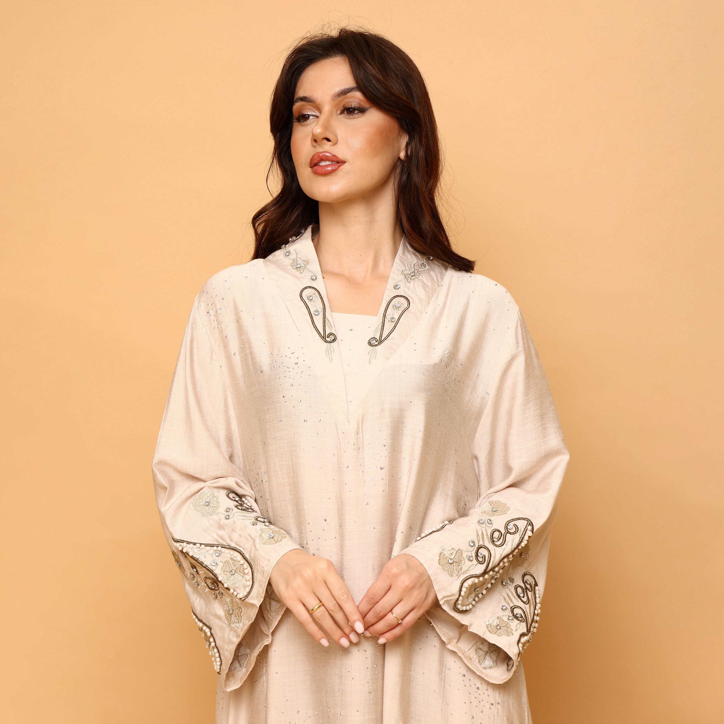 IKKXA Hotfix Stone Mandarin Collar Embroidered Sleeves Women's Evening Flared Jalabiya-women-arabicclothing-jalabiyas-image-2