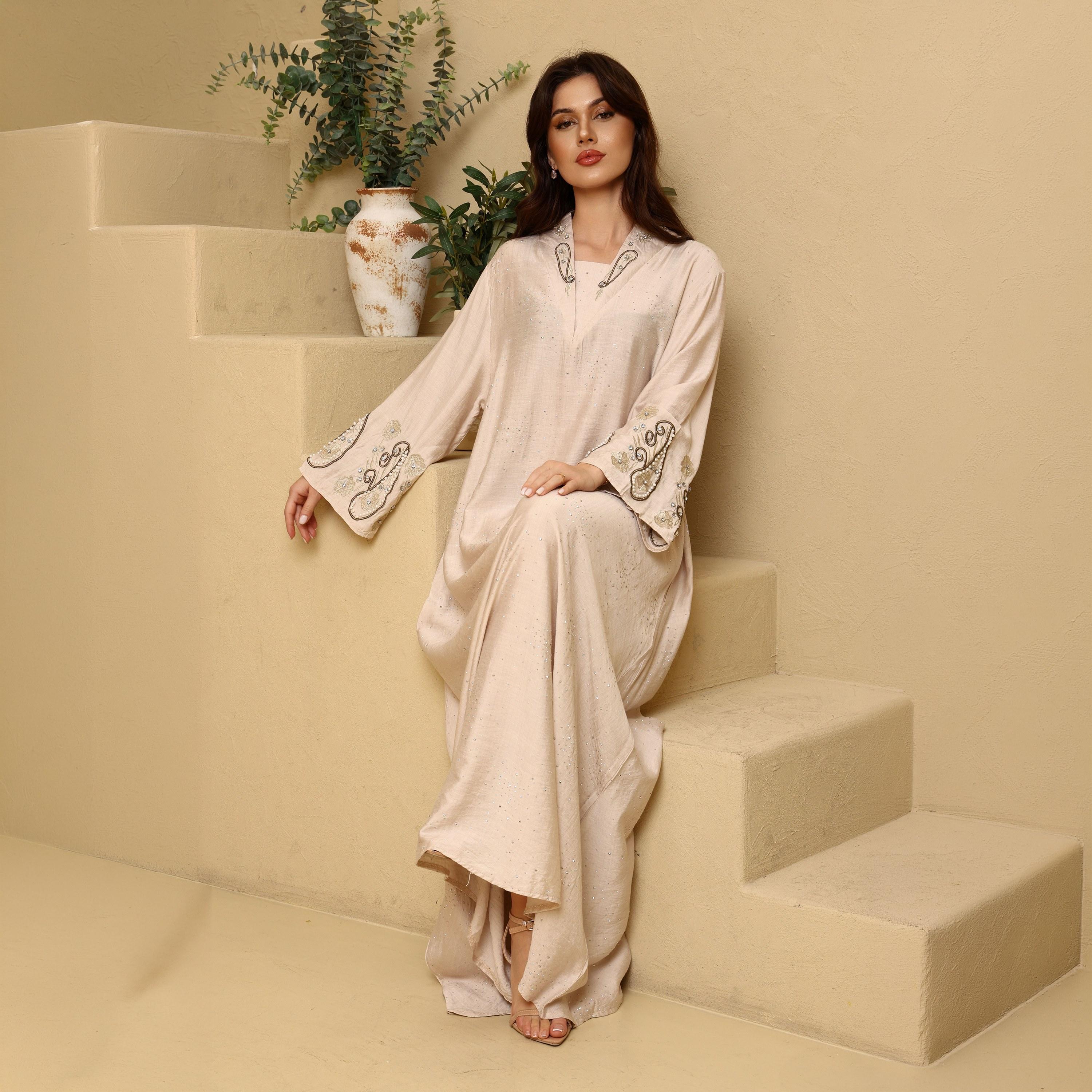IKKXA Hotfix Stone Mandarin Collar Embroidered Sleeves Women's Evening Flared Jalabiya-women-arabicclothing-jalabiyas-image-3