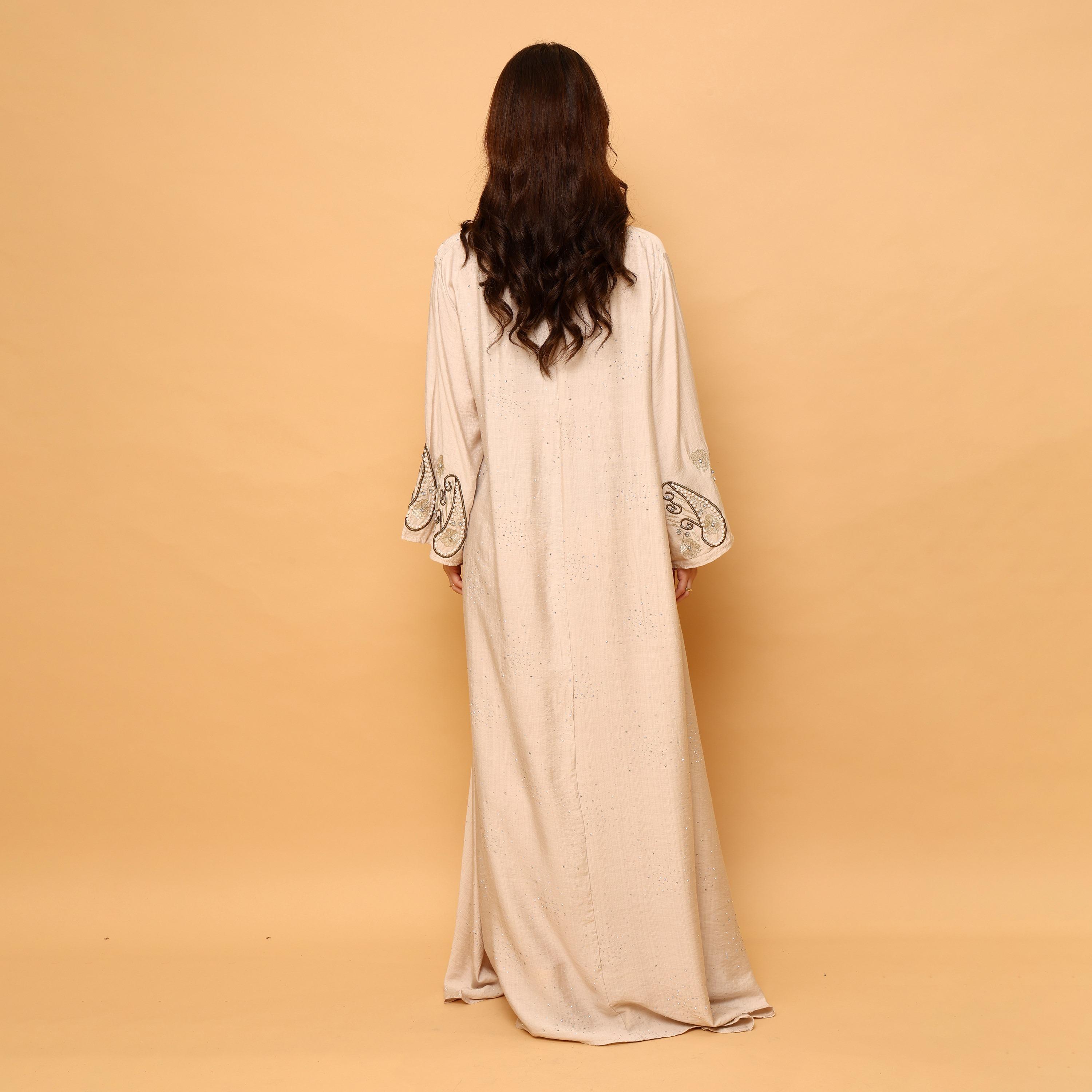 IKKXA Hotfix Stone Mandarin Collar Embroidered Sleeves Women's Evening Flared Jalabiya-women-arabicclothing-jalabiyas-image-4