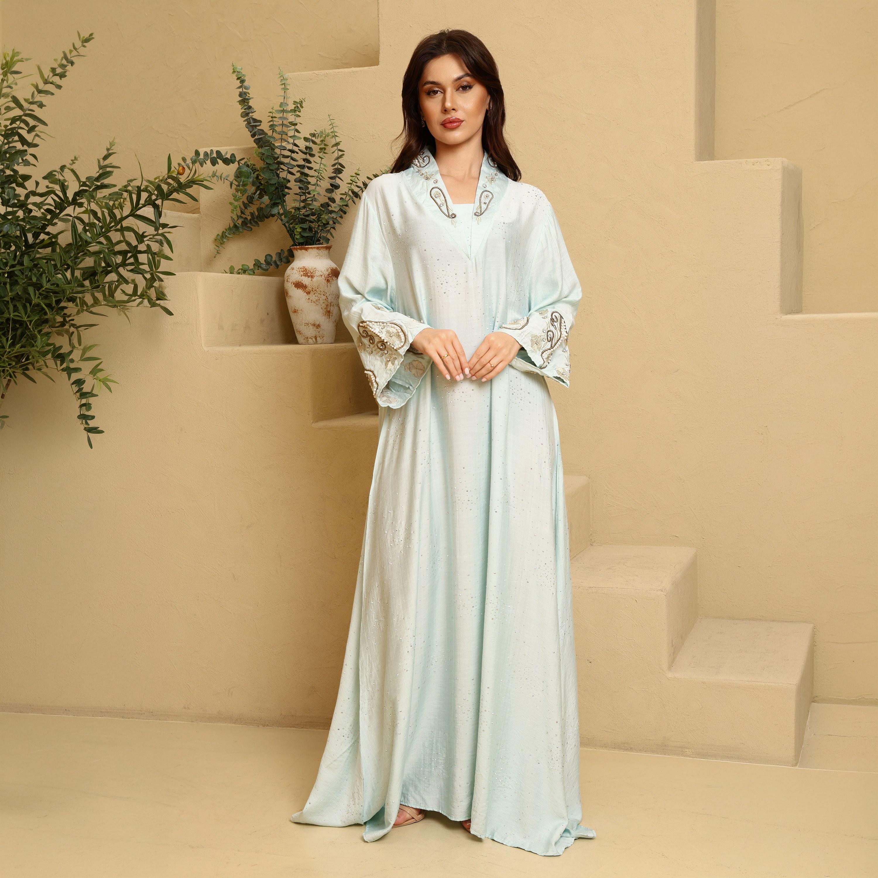IKKXA Hotfix Stone Mandarin Collar Embroidered Sleeves Women's Evening Flared Jalabiya-women-arabicclothing-jalabiyas-image-1