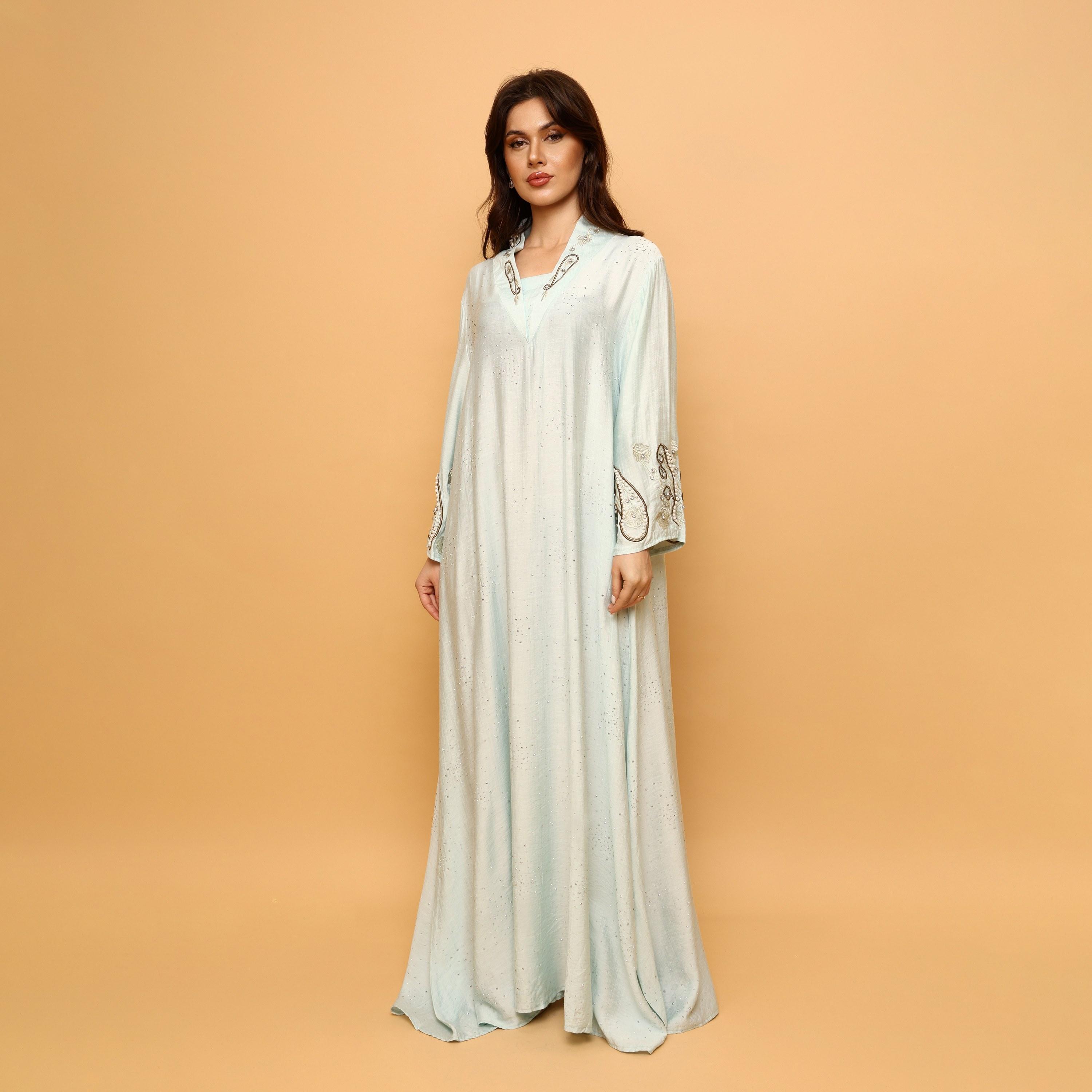 IKKXA Hotfix Stone Mandarin Collar Embroidered Sleeves Women's Evening Flared Jalabiya-women-arabicclothing-jalabiyas-image-3