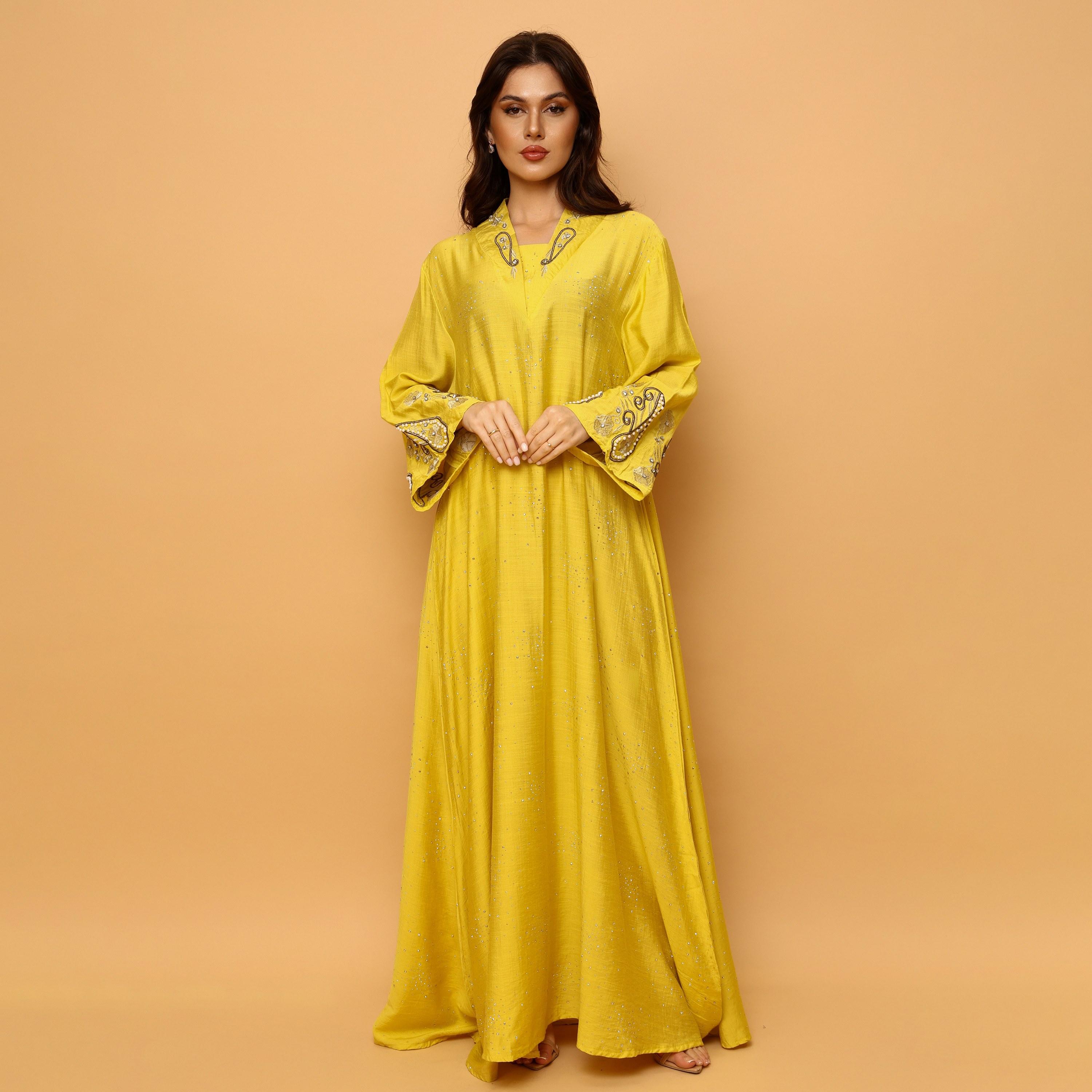 IKKXA Hotfix Stone Mandarin Collar Embroidered Sleeves Women's Evening Flared Jalabiya-women-arabicclothing-jalabiyas-image-1