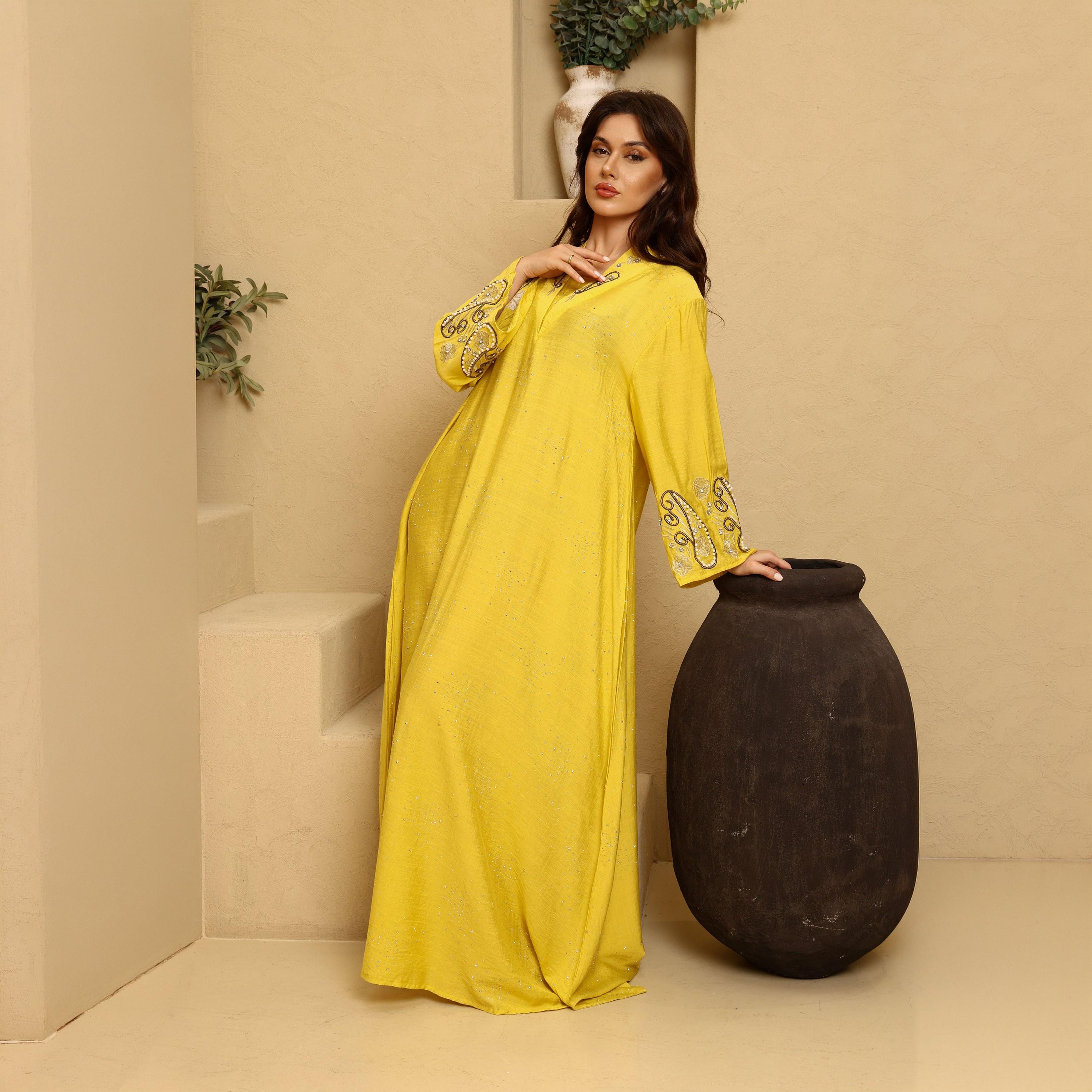 IKKXA Hotfix Stone Mandarin Collar Embroidered Sleeves Women's Evening Flared Jalabiya-women-arabicclothing-jalabiyas-image-3