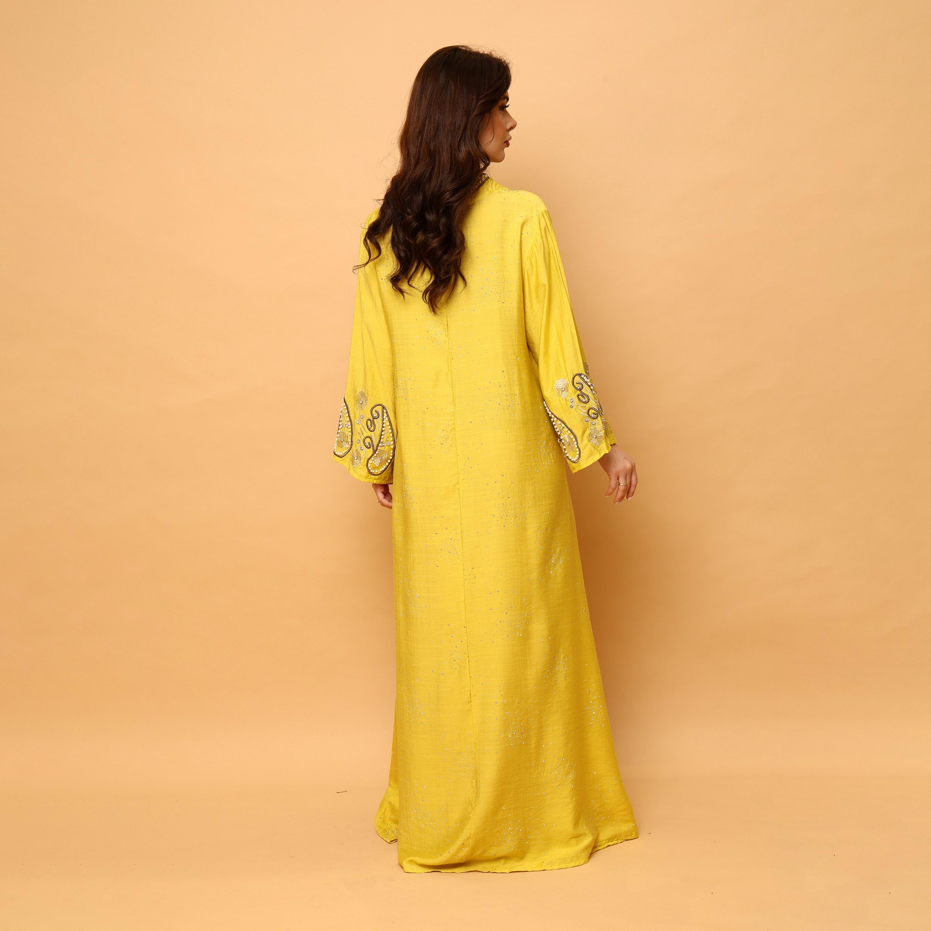 IKKXA Hotfix Stone Mandarin Collar Embroidered Sleeves Women's Evening Flared Jalabiya-women-arabicclothing-jalabiyas-image-4