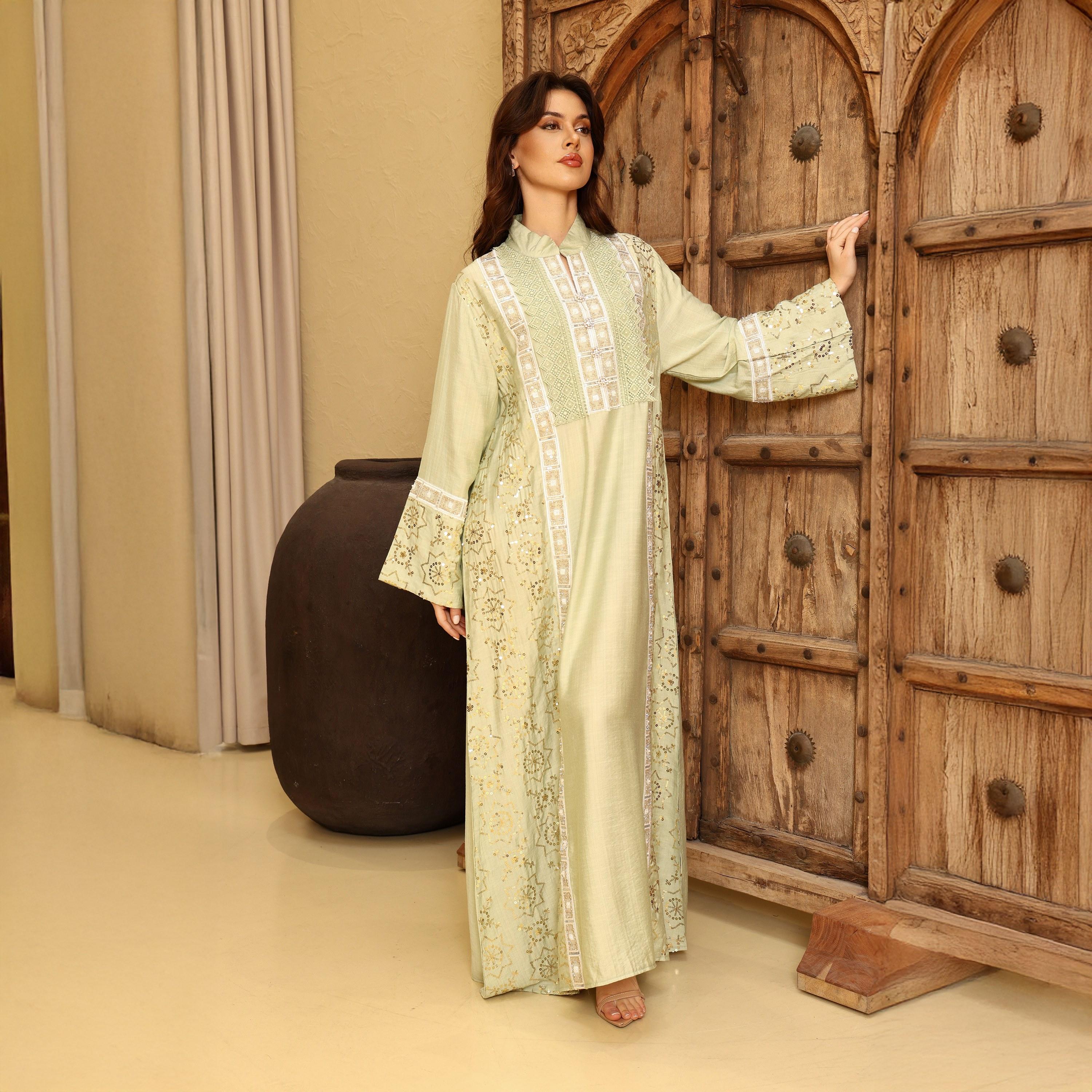 IKKXA Embroidered & Sequined Mandarin Collar Wide Sleeves Women's Evening Jalabiya-women-arabicclothing-jalabiyas-image-1
