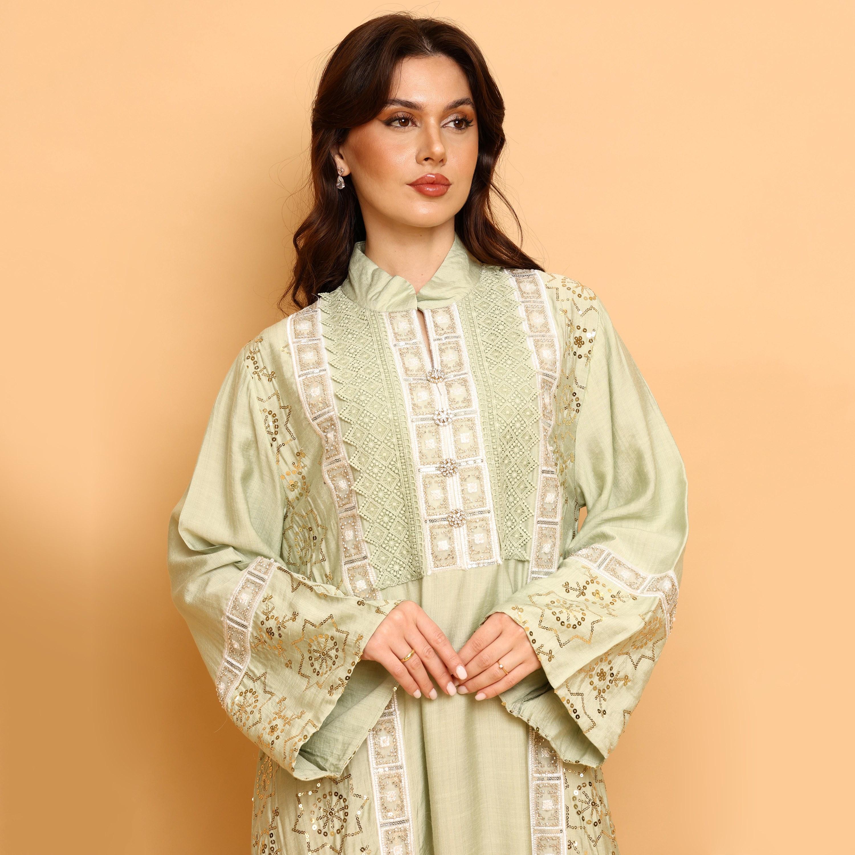 IKKXA Embroidered & Sequined Mandarin Collar Wide Sleeves Women's Evening Jalabiya-women-arabicclothing-jalabiyas-image-2