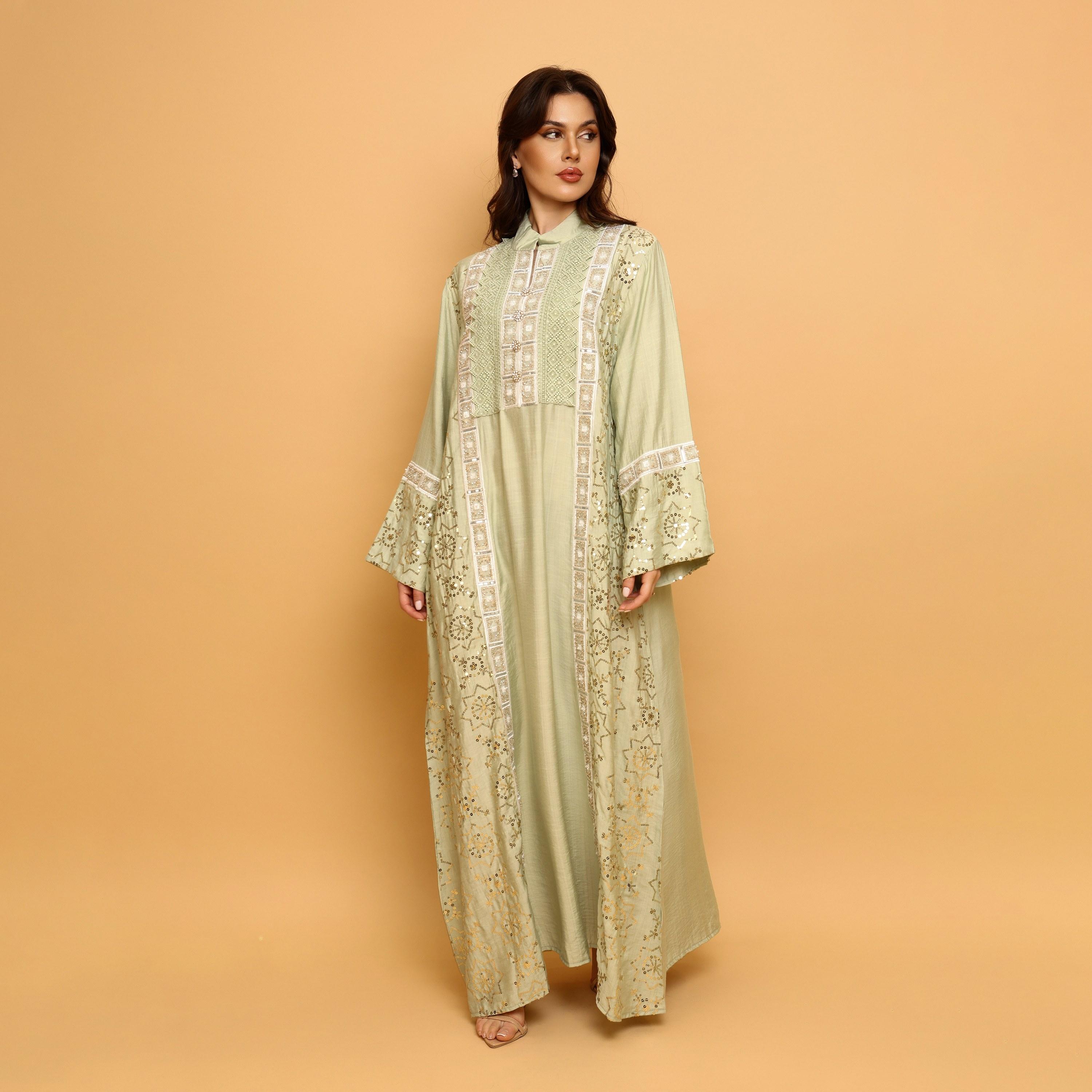 IKKXA Embroidered & Sequined Mandarin Collar Wide Sleeves Women's Evening Jalabiya-women-arabicclothing-jalabiyas-image-3