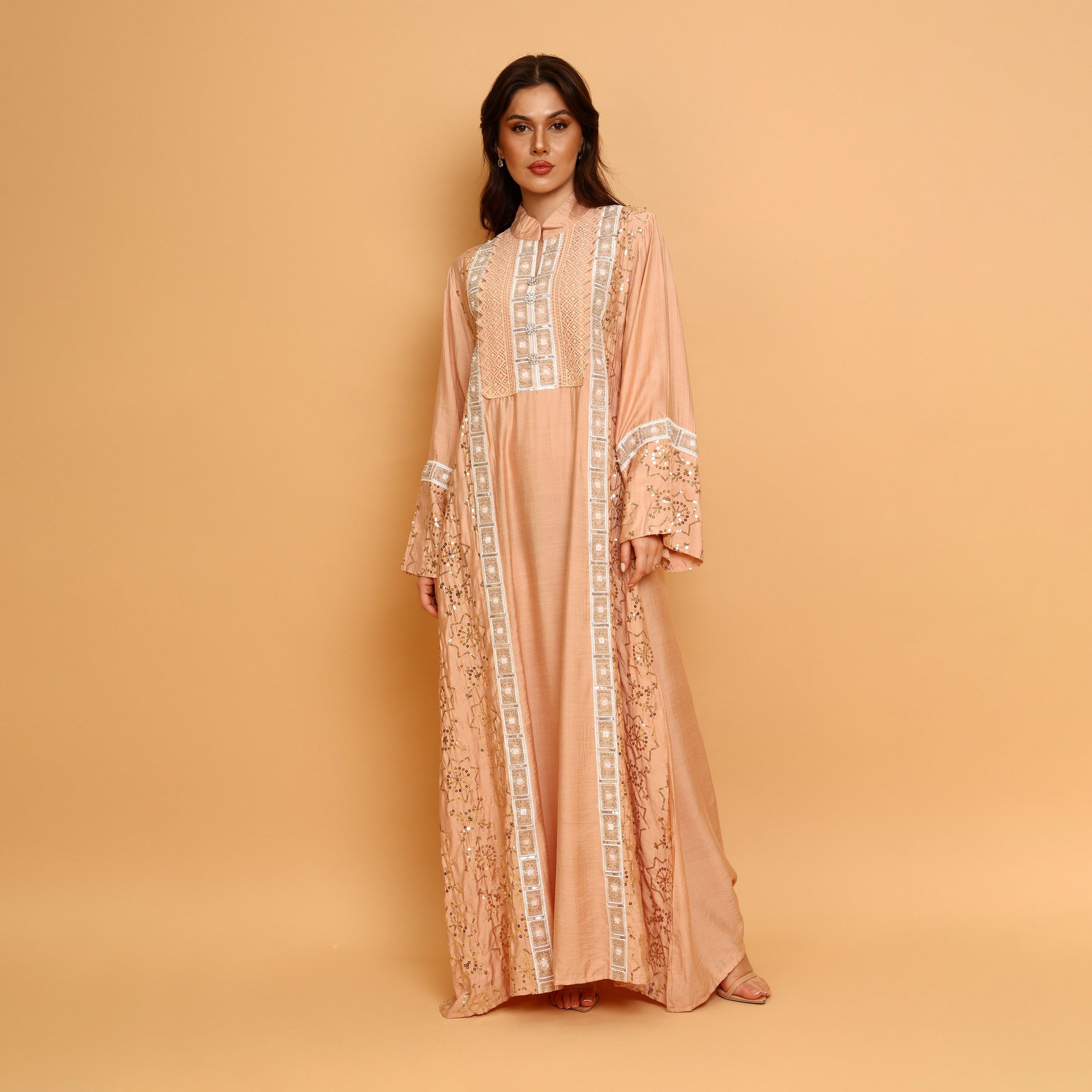 IKKXA Embroidered & Sequined Mandarin Collar Wide Sleeves Women's Evening Jalabiya-women-arabicclothing-jalabiyas-image-3