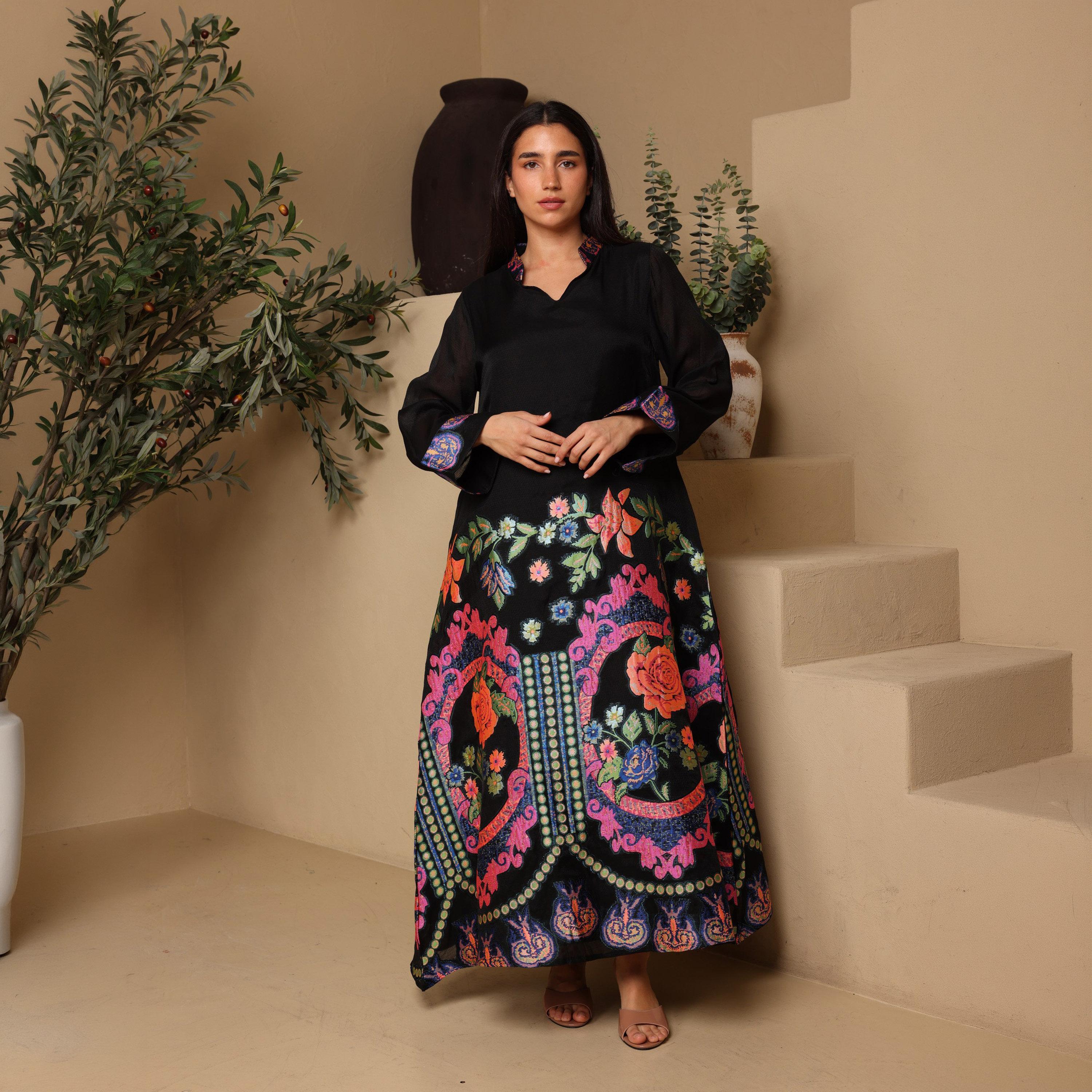 IKKXA Floral Embroidered Mandarin Collar Women's Evening Flared Jalabiya-women-arabicclothing-jalabiyas-image-1