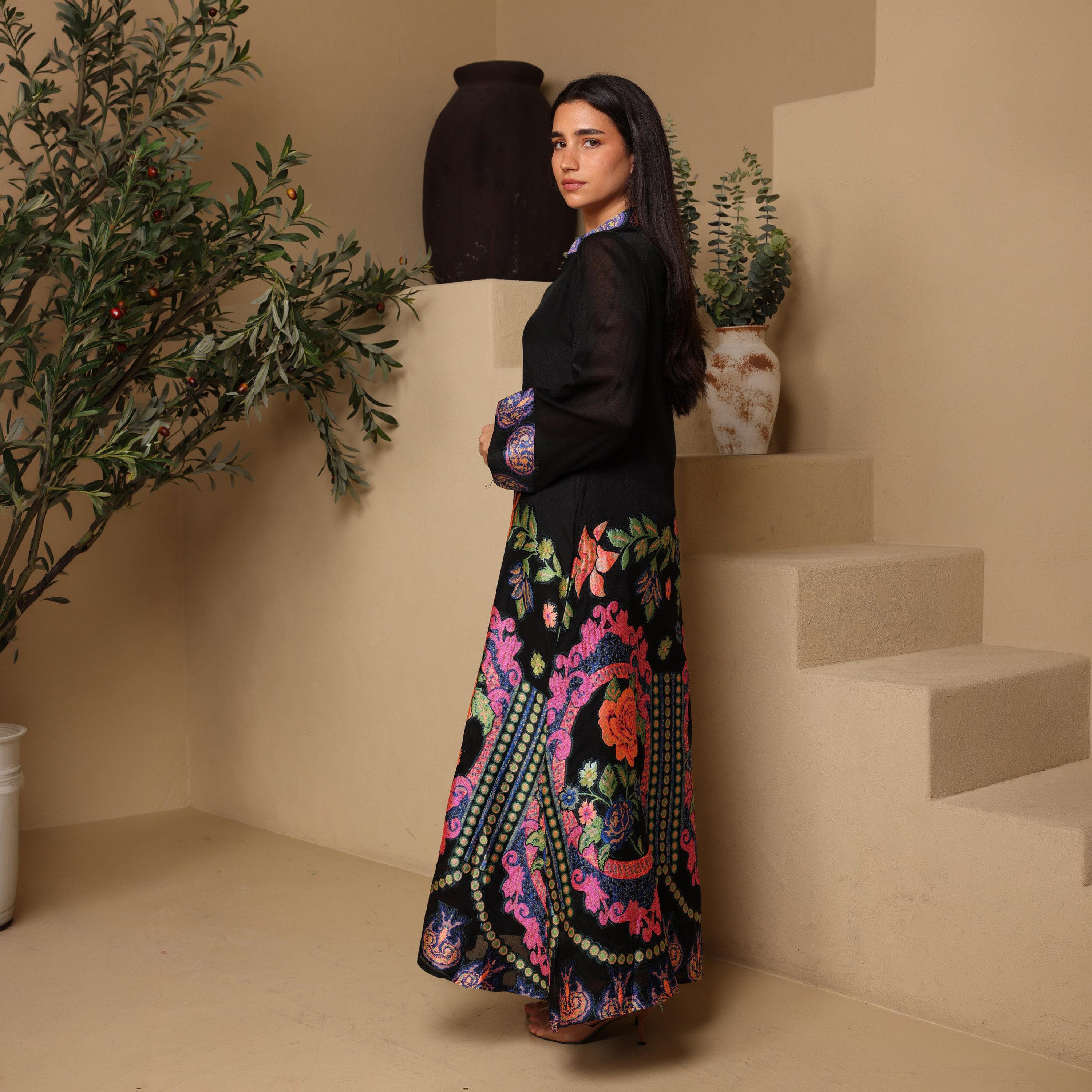 IKKXA Floral Embroidered Mandarin Collar Women's Evening Flared Jalabiya-women-arabicclothing-jalabiyas-image-3